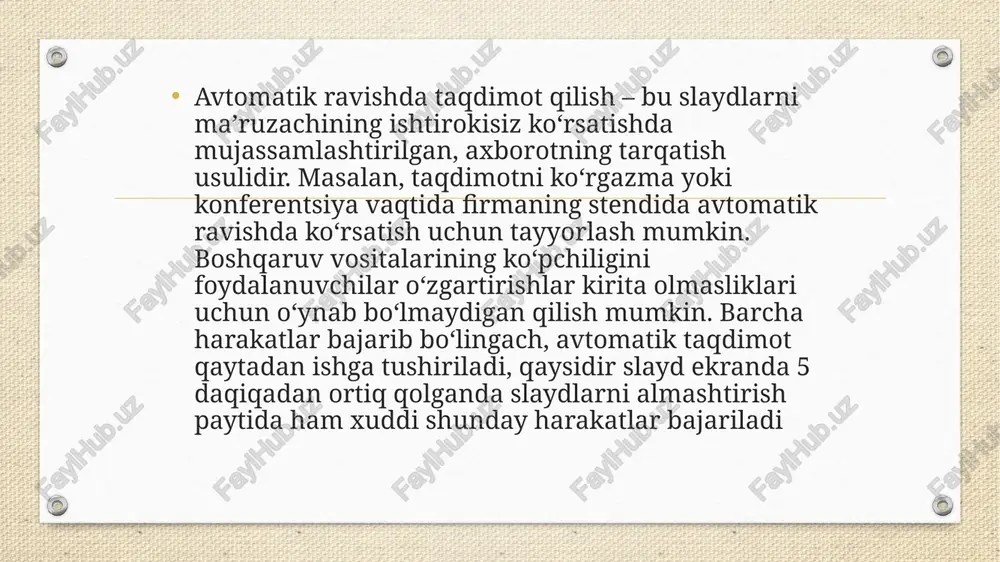 natijaga erishishingiz mumkin. shakllantirish andozasini tanlash yangi taqdimot tuzishni boshlash uchun fayl menyusidaga yaratilsin buyrug‘ini faollashtiring. natijada ekranda taqdimot tuzilsin darchasi paydo bo‘ladi, unda shakllantirishning andozalari ilovasiga o‘tish lozim. andozalarning birini yerting va siz uning namunasini ko‘rib chiqish maydonida ko‘rasiz. taqdimot andozalari o‘z ichiga ranglar (sxema)lari, slaydlarning va sarlavhalar moslashtirilgan shriftlarni oladi. andoza tanlanganda bir yo‘la fanning ranglari, shuningdek, matnni grafikani, rasmlarni va slaydlarda joylashtiriladigan boshqa ob’ektlarni formatlashtirishning standart parametrlari belgilanadi. agar bundan keyin sizga taqdimotning bezatishi yoqmasa, boshqan andozani tayinlash (tanlash) mumkin. andoza tanlab bo‘lingach, taqdimotga qo‘shiladigan har bir slayd bezatish (shakllantirishning) andozasini uni qo‘shaloq chertib yoki ok tugmasini bosib tanlang. natijada slaydni yaratish muloqot darchasi ochiladi. yangi slaydni standart avtomaket (hammasi bo‘lib 24-ta) andozaning o‘xshashini o‘rnatishni tavsiya etiladi. tuzilayotgan slayd uchun avtomaketni tanlash avtomaketni tanlang sohasida (maydonida) amalga oshiriladi. avtomaketning qisqacha ta’rifi darchaning pastki o‘ng burchagida aks ettiriladi. image5.png image6.png image7.png image8.png image9.png image3.png /docprops/thumbnail.jpeg