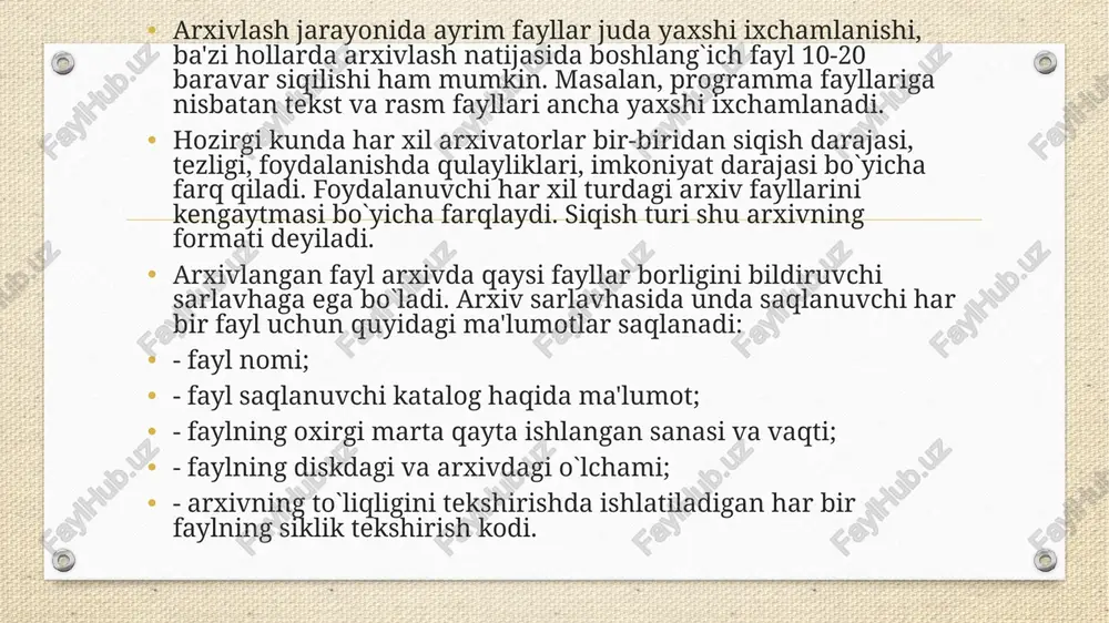 r arj l kurslar buyrug`idan foydalaniladi. bundan tashqari shu arxivatorlar yordamida arxivlanadigan fayllarni himoyalash maqsadida parol o`rnatish imkoniyati ham mavjud bo`lib, u quyidagicha amalga oshiriladi: pkzip kurslar -sparol arj a kurslar -gparol bu yerda -s va -g maxsus himoya belgilari va parol foydalanuvchi tomonidan kiritiladigan yashirin so`z. parolli arxiv fayllarni ochish vaqtida ham maxsus himoya belgilari-yashirin so`zlarni kiritish kerak bo`ladi, aks holda arxiv ochilmaydi. pkzip va arj programmalari fayllarni avtomatik tarzda katta tezlikda va optimal darajada siqish imkonini beradi. agar maksimal darajada siqish zarurati tug`ilganda holat parametrida mos ravishda -yex va -jm holatlari beriladi. oxirgi yaratilgan arxivatorlar foydalanuvchi ishini yengillashtirgan holda sodda ko`rinishda amalga oshirishga qaratilgan. shulardan nc (norton commander 7.0)da va ko`p qirrali norton navigator muhitida ham amalga oshiruvchi arxivatorlar mavjud. foydalanuvchi interfeyslarini o`zida jamlagan, ko`p imkoniyatli winzip (nico vfr computing kompaniyasi tomonidan yaratilgan) arxivatori windows 95 muhitiga mo`ljallangan. bu arxivator ishlash uchun qulay va yetarlicha universal bo`lib, u …