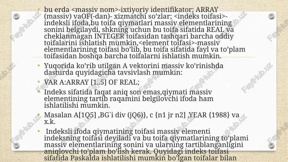 kin. buning uchun type bo’limida massiv toifasi nomi va massiv toifasi nomi beriladi,var bo’limida ushbu toifaga mansub o’zgaruvchilar sanab utiladi. type bo’limida toifalarni tavsiflash dasturlashda yaxshi uslub sanaladi va dasturni mantiqiy mukammalligini oshirish imkoniyatini beradi. massivni type bo’limida tavsiflash quyidagi ko’rinishga ega bo’ladi: type qarray[ ] of ; var : : masalan: type masqarray[1..5] of real; var a:mas; agar dasturda bir emas, bir necha massi mastoifasiga mansub bulsa, u xolda xar bir massivni aloxida tavsiflamasdan, o’zgaruvchilar bo’limida ularni vergul orqali keltirish mumkin, ya'ni var a ,b,c,d:mas; shu vaqtgacha biz elementlar faqat bitta indeksli massivlarni,ya'ni bir o’lchamli massivlarni ko’rib chiqayotgan edik.paskal dasturlash tilining massiv elementlari toifaga ularning hammasi bir toifaga mansub bo’lish kerakligidan boshqa xech qanday cheklanishlar qo’ylmasligi massiviy elementlari sifatida massivlar ham ishtrok etishi imkoniyatini beradi.bunday massivlar ko’p o’lchamli massivlarni tashkil qiladi.agar massiv elementlari o’z navbatida massivdan iborat bo’lsa, u holda ikki o’lchamli massiv (matritsa) agar matritsa elementlari massiv bo’lsa, …
