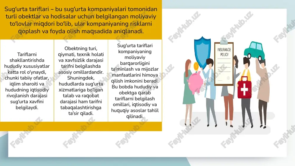 g‘urta tariflarini belgilashda muhim omil hisoblanadi. – (ha/yo‘q) obektning turi va xavfsizlik darajasi tarifni belgilashga ta’sir qilmaydi. – (ha/yo‘q) tariflarni shakllantirishda statistik ma’lumotlardan foydalanish tavsiya etiladi. – (ha/yo‘q) sug‘urta kompaniyalarida hududiy risklarni hisobga olish muhim emas. – (ha/yo‘q) tariflarni oddiy va shaffof qilib taqdim etish mijozlarning ishonchini oshiradi. – (ha/yo‘q) yuqori riskli hududlar uchun tariflarni oshirish moliyaviy barqarorlikni ta’minlamaydi. – (ha/yo‘q) tariflarni diversifikatsiya qilish risklarni kamaytiradi va raqobatbardoshlikni oshiradi. – (ha/yo‘q) hududlar va obektlarga qarab tariflarni optimallashtirish faqat reklama maqsadida qilinadi. – (ha/yo‘q) muntazam qayta ko‘rib chiqiladigan tariflar bozor sharoitiga moslashadi. – (ha/yo‘q) tariflarni belgilash jarayonida obekt qiymati va hududiy xatarlar e’tiborga olinmaydi. – (ha/yo‘q) xulosa xulosa qilib aytganda, hududlar va obektlarga qarab sug‘urta tariflarini tabaqalashtirish sug‘urta kompaniyalarining moliyaviy barqarorligini ta’minlash va mijozlarga adolatli xizmat ko‘rsatish uchun muhim vositadir. tariflarni shakllantirishda hududiy xususiyatlar, tabiiy ofatlar, obektning turi va qiymati asosiy omillar hisoblanadi. statistik ma’lumotlar va raqamli tahlil usullari tariflarni aniq …