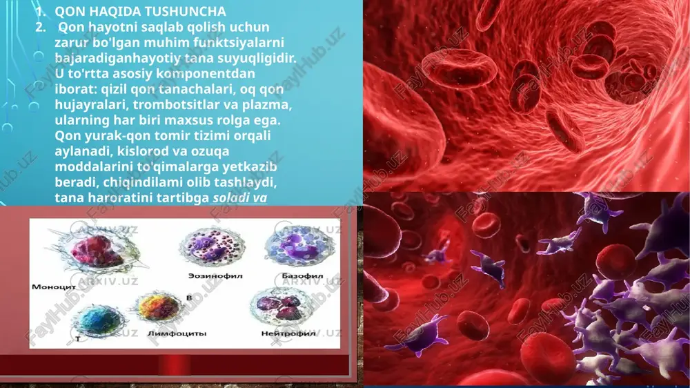 liklar (gemodezlar) qon o’rnini bosuvchi suyuqliklar qonning o’rnini bosish yoki uning ba’zi vazifalarini bajarish uchun qo’llaniladi. ular quyidagi guruhlarga bo’linadi: kristalloidlar- tuz eritmalari bo’lib, hujayralararo suyuqlikni to’ldirish uchun qo’llaniladi (masalan, fiziologik eritma, ringer eritmasi). kolloidlar- qon hajmini to’ldirish uchun ishlatiladi (masalan, jelatin va dekstran eritmalari). kislota-ishqoriy balansni tiklovchi eritmalar , qonda elektrolitiar balansini saqlashda yordam beradi. qon quyish jarayonida quyidagilarga e'tibor berish kerak bemorning klinik xolatini kat'iyan nazorat kilish agarda bemor narkoz ostida bulsa terisining xolatiga, nafas olishi va gemodinamik kursatkichlariga e'tibor kilish image2.png image3.jpeg image4.jpeg image5.jpeg image6.jpeg image7.jpeg image8.jpeg image9.jpeg image10.jpeg image11.jpeg image12.jpeg image13.jpeg image14.jpeg image15.jpeg image16.jpeg image17.jpeg image18.jpeg image19.jpeg image20.jpeg /docprops/thumbnail.jpeg