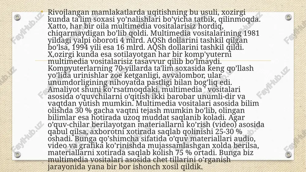 nferentsiyalar ; - ovoz kommunikatsiyalari ; - ikki tomonlama sputnik aloqa ; - virtual borlik ; nointeraktiv texnologiyalar: - bosib chiqarilgan materiallar; - audiokassetalar; - videokassetalar; - bir tomonlama sputnik aloqa; - televizion va radio ko’rsatuvlari; - disketa va cd-rom lar. avvalombor, distant uslubi asosida o’qitish, jugrofiy jihatdan uzoqda joylashgan maktablar va akademik ta'lim uchun mo’ljallangan edi. lekin, zamonaviy axborbtlar va telekommu-nikatsion texnologiyalarining rivojlanishi tabiiy ta'lim-tarbiya jarayonini uzoq masofadan turib amalga oshirishga yo’l ochib berdi. natijada distant uslubi asosida o’qkitish, tez vaqt ichida ko’pgina maktablarda, tijoratchilar ichida va ishlab chiqarish korxonalarida keng qo’llanila boshladi va o’qitishda yangi uslublarni qo’llashga yana bir turtki bo’ldi. distant uslubi asosida o’qitishning xalqaro kengashining taxlillari shuni ko’rsatmoqdaki, xozirgi kunda jahonda 10 milliondan ortik talabalar shu uslub asosida ta'lim olishmoqda. aqsh da shu uslub asosida o’qitish maqsadida yangi o’quv markazlari barpo etilmoqda. shunday qilib, ular milliy kadrlarni zamon talabi asosida tayyorlash va qayta tayyorlash uchun olg’a …