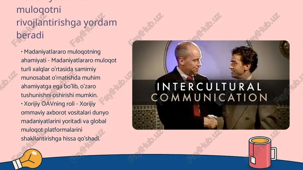 rijiy ommaviy axborot vositalari global muammolarga e'tibor qaratadi, ular ijtimoiy, ekologik va iqtisodiy muammolarni chuqur ishlab chiqadi. ushbu vositalar orqali xalqlar orasida hamkorlik targ'ib qilinadi. • ekologik muammolarni hal qilish tashabbuslari - ko'plab xorijiy media ekologik muammolarni muhokama qilmoqda, chang va havo ifloslanishini kamaytirish uchun takliflar ishlab chiqmoqda. tashqi manbalar eko-tadbirlarni qo'llab-quvvatlaydi. xulosa • media asrida xorijiy ommaviy axborot vositalarining o'rni - media asrida xorijiy ommaviy axborot vositalari global axborot almashinuvida muhim o'rin egallaydi. ular xalqaro hodisalar haqida keng va ko'lamdor ma'lumot berish orqali global fikrlashni shakllantiradi. bu vositalar xalqaro tajribalarni mahalliy zaminga olib kelib, innovatsiyalar va madaniy aloqalarni rivojlantiradi. xorijiy ommaviy axborot vositalari turli davlatlar o'rtasidagi axborot almashinuvi hamda o'zaro tushunishni rag'batlantiradi. ularning roli siyosiy, iqtisodiy va madaniy tendensiyalarni yoritishda, xalqaro masalalarni keng muhokama qilishda katta ahamiyatga ega. bunda obyektivlik va shaffoflik tamoyillari asosida faoliyat ko'rsatish ommaviy axborot vositalarining samaradorligini belgilaydi. foydalanilgan adabiyotlar • - 1. anderson h.. (2019). …