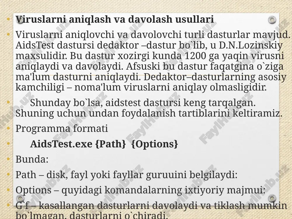 ot ni yuklashdan oldin a diskni tekshiring. disketa bo`lsa, disk kalitini ochib qo`ying. ba'zan kompyuterni virusga tekshirib turing. disketali begona foydalanuvchilarni nazoratsiz kompyuterda ishlashiga yo`l qo`ymang. virus yangi turlari tug`lishini, ko`payishini, hisobga oling. shuning uchun antiviruslarni yangilab turishni aslo unitmang!