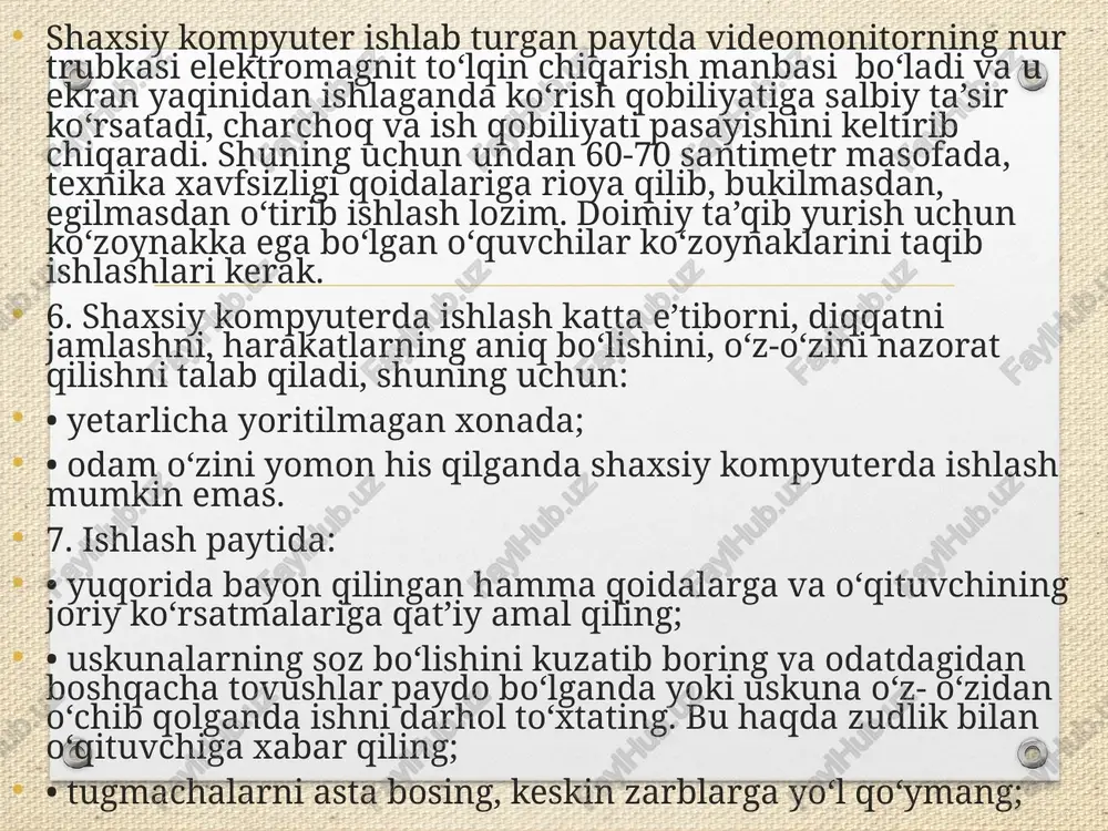 muvofiq ma’lumot tashuvchilarning har xil turlarda saqlanishi. ma’lumot tashuvchilarning eng ko‘p tarqalgani tejamkor bo‘lmasa ham qog‘oz hisoblanadi. qog‘ozda ma’lumotlar uning yuzasini optik xarakteristikasini o‘zgartirish yo‘li bilan qayd etiladi. optik xususiyatlarni o‘zgartirish (yuzani to‘lqinlar uzunligining ma’lum diapazonida aks ettirish koeffitsientini o‘zgartirish) aks ettiruvchi qoplamali, plastmassalarda ishlangan tashuvchilarga lazer nuri yordamida yozishni amalga oshiruvchi uskunalar (cd-rom)da qo‘llaniladi. magnit xususiyatlarining o‘zgarishidan foydalanadigan tashuvchilar sifatida magnit tasmalarini va disklarini aytish mumkin. ma’lumotlar bazasi va ma’lumotlar bazasini boshqarish tizimi reja ma’lumotlar bazalarini tashkil etish dastur va operatorlar dasturlarning umumiy ko’rinishi xulosa foydalanilgan adabiyotlar keng ma'noda ma'lumotlar ombori (mo) deganda real dunyoning konkret ob'ektlari haqidagi ma'lumotlar to’plamini tushirish mumkin. lekin ma'lumotlar xajmi oshib borishi bilan bu masalalarni xal etish murakkablashadi. yuzaga kelgan muommo ob'ekt va ma'lumotlarni strukturalash, ya'ni tizimga solish yo’li bilan hal qilinadi. ob'ekt-bu mavjud va farqlanishi mumkin bo’lgan narsadir. ob'ektlarga tegishli bir qator ma'lumotlar borki, ularning to’plami mo bo’la oladi. masalan, har bir akademik-litsey …