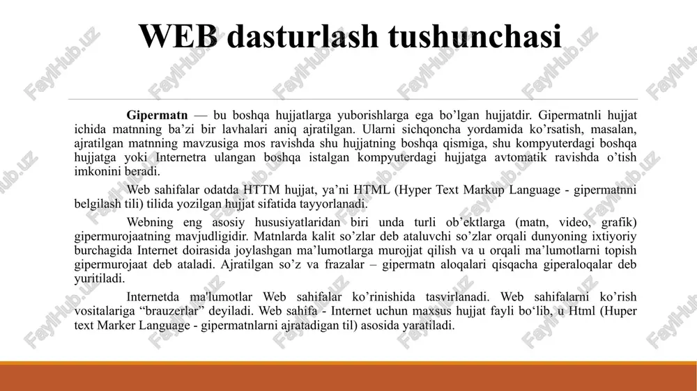 nlash komandasini talab qiladi. agar siz tegni yopmagan taqdiringizda aksariyat hollarda hatolik kelib chiqmaydi. ammo ochilgan teg olchamlari butun hujjatga ta'sir qiladi. jadval ichida yopilmagan taqdirda bu hatolikni keltirib chiqarishi mumkin. bu haqda jadvallar tuzish bo'limida so'z yuritamiz. html teg quyida teglarni to'gri yozish va ishlatish shartlari haqida so'z yuritamiz. bu borada quyidagi qoidalar mavjud: • barcha teglar uch burchakli qo'shtirnoq ichida yoziladi ' ' ochuvchi teg -uch burchakli qo'shtirnoq, teg nomi va uning qo'shimcha o'lchamlari (zarur bo'lgan taqdirda). yopuvchi teg - uchburchakli qo'shtirnoq, '/' slesh belgisi va teg nomi. • probel orqali yoziluvchi teglar o'lchamlari. teg nomidan so'ng uning qo'shimcha o'lchamlari bo'lishi mumkin. barcha o'lchamlar probel orqali azratib yo'ziladi. bitta harf hajmidagi bo'sh joy qoldirilish htmlda probelni anglatadi. • qo'shtirnoq ichida yoziluvchi yuklatilgan vazifalar ma'nosi. ma'lum vazifani bajaruvchi komandalar tenglik belgisidan so'ng qo'shtirnoq "..." ichida yoziladi. agar probel ishlatilmagan taqdirda qo'shtirnoqni tushirib qoldirish mumkin. har hil hatoliklar kelib chiqishini …