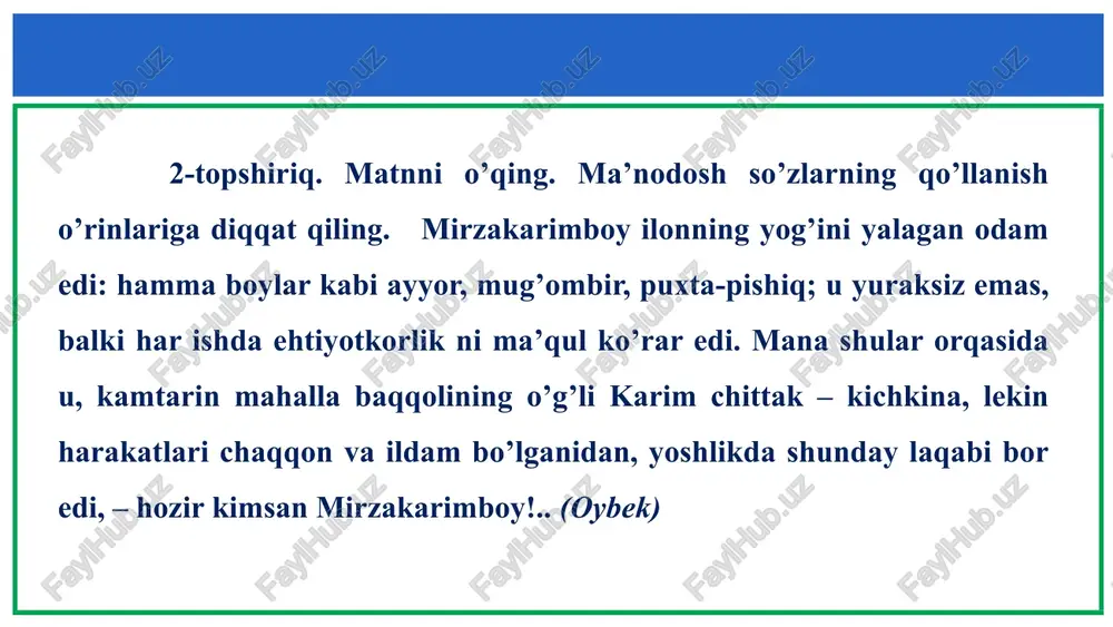 ng. «1. shu bois u sayxonlikda «uloq-uloq» o’ynayotgan bolalardek shovqinlab, ovulni boshiga ko’tarayotgan yigitlarning qilig’ini ko’pda yoqtirmay, jini qurishibroq turardi. (n. norqobilov) 2. amir temur halim tabiat, yumshoq ko’ngil, tortinchoq, qora ko’zlari hamisha mungli boqadigan qizini juda ham ardoqlar, har kuni holidan xabar olardi. (muhammad ali) 3. rahim saidov uyni yana bir bor qarab chiqdi. tryumoning hamma tortmalarini axtardi, yozuv stolining g’aladonlarini bir-bir titkiladi. boshqa hech narsa chiqmadi. (o’. umar bekov) 4. ra’no ota oyoqlarini quchoqlab, boshini urib yig’ladi, ketmayman deb dod soldi. ota ko’zlari jiqqa yoshga to’lib, ovozi titrab, ho’ngramoqdan beri bo’lib «jonim bolam, iloyo, borgan joyingda unib-o’sgin» deb duo berdi. (isajon sulton) foydalanilgan adabiyotlar 1. aminov m, madvaliyeva a, mahkamov n. ish yuritish-toshkent: o’zbekiston milliy ensiklopediyasi. davlat ilmiy nashriyoti 2. begmatov e, hozirgi o’zbek adabiy tilining leksik qatlamlari-toshkent: fan 3. mahmudov n. o’qituvchi nutqi madaniyati, 2-nashri-toshkent a.navoiy nomidagi o’zbekiston milliy kutubxonasi nashriyoti, 2009 yil 4. maxmudov n. tilimizning …