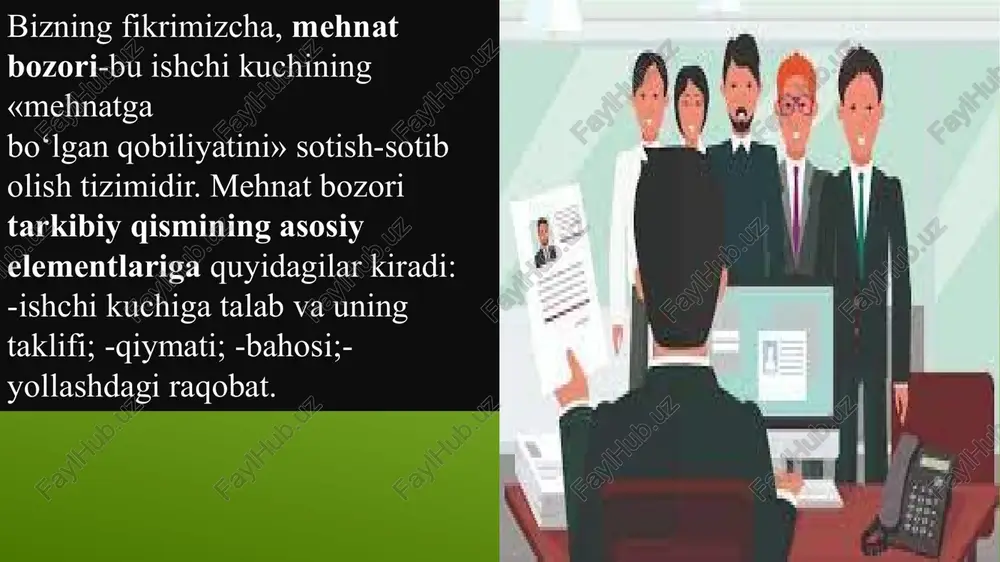 a ular taklifini ko‟paytirish (hozirgi shart-sharoitlarda mehnat byurosiga ishchi kuchlari taklifini mutloq ko‘paytirish mumkin emas) mehnat bozorini tartibga solishning maqsadga muvofiq usullaridir. bandlik yoki aholini ish bilan taʼminlash — mehnatga layoqatli aholining ijtimoiy foydali mehnat bilan mashgʻul boʻlishi; fuqarolarning shaxsiy va ijtimoiy ehtiyojlarini qondirish bilan bogʻliq boʻlgan va qonunlarga zid kelmaydigan, mehnat daromadi beradigan faoliyati.[1] bandlik xodimni ijtimoiy mehnat taqsimotiga asoslangan aniq mehnat kooperatsiyasiga jalb etish boʻyicha kishilararo munosabatlarni ifoda etadi. bandlik turli mulkchilik shakllaridagi korxonalar, tashkilotlar va muassasalarda yollanib ishlash bilan cheklanmay, ayni paytda tadbirkorlikni, oʻzini ish bilan mustaqil taʼminlash (oʻzicha bandlik)ni, shaxsiy tomorqa xoʻjaligidagi ishni, uy xoʻjaligida band boʻlish va bolalarni tarbiyalash bilan shugʻullanish, davlat va jamoat vazifalarini bajarishni, oʻrta maxsus va oliy oʻquv yurtlarida kunduzgi oʻqishni ham oʻz ichiga oladi. ikkilamchi bandlik amalda oʻrindoshlik boʻlib, xodimning qoʻshimcha ish haqi topish uchun ish kuchini oʻzi asosiy band boʻlgan korxonaga (asosiy ishdan boʻsh vaqtlarda) taklif etishini bildiradi. oʻzicha bandlik …