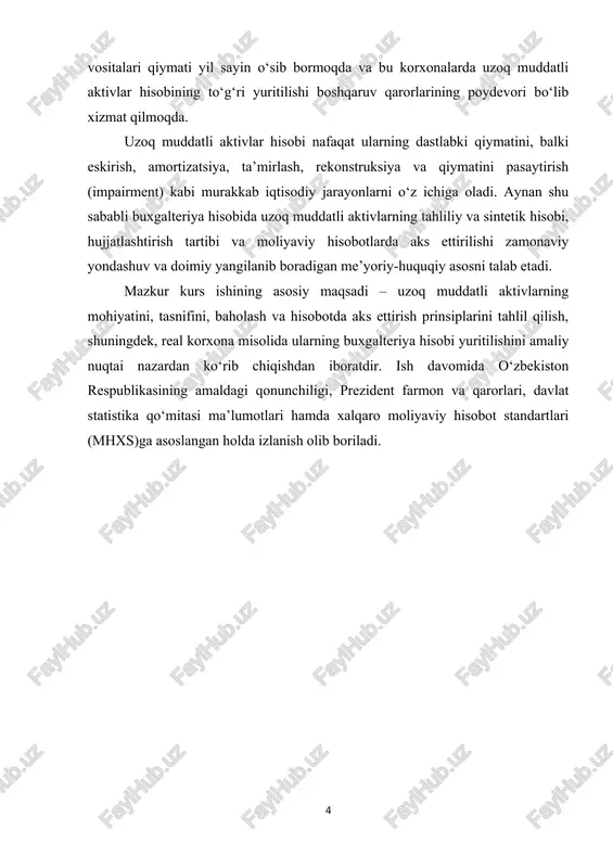 ital hisobining iqtisodiy kontseptsiyasini tashkil etadi. uzoq muddatli aktivlarni tan olish va hisobda aks ettirish keng ma’nodagi aktivlarning mohiyatini tadqiq qilish muammolari bilan bevosita bog’liqdir. mamlakatimiz buxgalteriya hisobi amaliyotida aktivlar korxonaga tegishli xo’jalik mablag’lari deb tan olingan va e’tirof etilgan. ammo bu e’tirof asosan asosiy kapitalga talluqli bo’lgan. hozirgi bozor munosabatlari sharoitida davrda uzoq muddatli aktivlar tarkibiga kiradigan buxgalteriya hisobining boshqa obyektlari ham paydo bo’lganki, ularning iqtisodiy mohiyati albatta asosiy kapitalning mohiyatidan farqlanadi. jumladan, nomoddiy aktivlar, moliyaviy qo’yilmalar, uzoq muddatli debitor qarz va muddati uzaytirilgan xarajatlar ham korxona faoliyatida uzoq muddat ishtirok etishadi. shulardan nomoddiy aktivlar bevosita ishlab chiqarish jarayonida ishtirok etmasa ham, bilvosita daromad olishga sababchi bo’lib muayyan iqtisodiy naf keltiradi. uzoq muddatli moliyaviy qo’yilmalar va investitsion mulk sifatida e’tirof etilayotgan aktivlar esa kelgusida daromad olish maqsadida kapitalni investitsiya qilishning yana bir yo’nalishi bo’lib hisoblanadi. prezident sh.m.mirziyoev ta’kidlaganidek: iqtisodiyot sohasida oldimizda turgan vazifalar haqida gapirganda, avvalo keng qamrovli iqtisodiy …