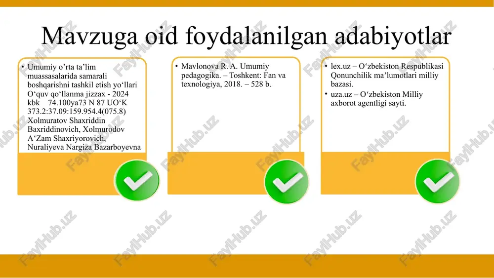 axsus ehtiyojlarga ega bo'lgan o‘quvchilar uchun yordamchi vositalar va qo‘llab-quvvatlash xizmatlarini yaratish. maktab direktori, sinf rahbari o‘quvchilar soni va talabga qarab har chorakda ta'lim tizimida tenglikni yaratish, barcha o'quvchilarga mos ta'lim imkoniyatlari taqdim etish. 2 maktab boshqaruvida xodimlarning malakali bo‘lmasligi. maktab rahbarlari uchun strategik rejalashtirish va boshqaruv bo‘yicha o‘qitish, samarali qarorlar qabul qilishda qo‘llab-quvvatlash. boshqaruvni tizimli va samarali qilish. soha bo‘yicha mutaxassislar, maktab direktori har chorakda bir maktabda resurslar va jarayonlar samarali boshqariladi, ta'lim jarayoni yaxshilanadi. 3 zamonaviy texnologiyalarning yetarlicha joriy etilmasligi 1. raqamli ta'lim vositalari, interaktiv doskalar, onlayn ta'lim platformalarini keng qo‘llash. 2.o‘qituvchilarga texnologiyalarni samarali ishlatish bo‘yicha treninglar tashkil qilish. interaktiv va qiziqarli qilish. informatika o‘qituvchisi,maktab xodimlari yil davomida o‘quvchilarning o‘zlashtirish jarayonini samarali qilish, ta'limni sifati oshadi ,o‘qituvchilar ham zamon bilan hamnafas texnologiya sohasida yetuk bo‘ladilar chora-tadbir rejasi 11 e’tiboringiz uchun rahmat image1.png image2.png image3.jpeg image4.jpeg image5.jpeg image6.jpeg image7.jpeg image8.gif image9.jpg image10.jpg image11.jpg image12.jpg