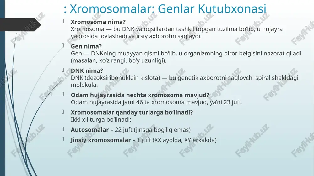 r orasida genetik material almashinuvi. ya’ni, virus bir bakteriyadan dnk parchasini olib, uni boshqa bakteriyaga o‘tkazadi. 🔁 transkripsiya nima? transkripsiya — bu dnkdagi axborotning rnkga ko‘chirilishi jarayoni. bu jarayonda matritsali rnk (mrnk) hosil bo‘ladi. 👉 mrnk keyinchalik oqsil sintezi (translyatsiya) uchun qolip bo‘lib xizmat qiladi. № jarayon nomi ta’rifi (qisqacha) qayerda sodir bo‘ladi ishtirok etuvchi asosiy narsa natija / maqsad kimda uchraydi 1 transformatsiya tashqi muhitdagi dnk bo‘lagining tirik bakteriya hujayrasiga kirishi va unga qo‘shilishi bakteriya sitoplazmasida (yadro yo‘q) begona dnk parchasi yangi genetik xususiyat paydo bo‘ladi (masalan, antibiotikka chidamlilik) faqat bakteriyalarda 2 transduksiya virus (bakteriofag) yordamida bir bakteriyadan ikkinchisiga dnk o‘tishi bakteriofag orqali bakteriyalar o‘rtasida virus (bakteriofag) genetik axborot almashinuvi sodir bo‘ladi faqat bakteriyalarda 3 transkripsiya dnkdagi genetik axborotning rnk molekulasiga ko‘chirilishi yadroda (eukariotlarda) yoki sitoplazmada (prokariotlarda) dnk, rnk-polimeraza fermenti rnk hosil bo‘ladi (asosan mrnk) hamma tirik hujayra : xulosa: nima uchun bu muhim? irsiyat dnk, gen va xromosomalar …