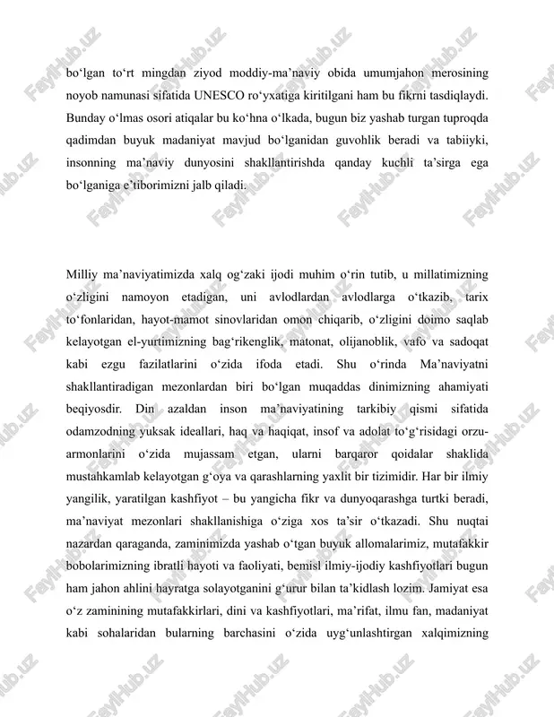 songa xos bo‘lgan odamiylik fazilatlari va oilaviy munosabatlarning negizini, oilaning ma’naviy olamini tashkil etadi. ma’naviyatni shakllantiradigan mezonlar haqida so‘z ketganda, mahallaning o‘rni va ta’siri xususida to‘xtalish zarur. ma’lumki, o‘zbek mahallalari azaldan chinakam milliy qadriyatlar maskani bo‘lib keladi. o‘zaro mehr-oqibat, ahillik va totuvlik, ehtiyojmand, yordamga muhtoj kimsalar holidan xabar olish, yetim-yesirlarning boshini silash, to‘y-tomosha, hashar va marakalarni ko‘pchilik bilan bamaslahat o‘tkazish, yaxshi kunda ham, yomon kunda ham birga bo‘lish kabi xalqimizga xos urf-odat va an’analar, avvalambor, mahalla muhitida shakllangan va rivojlangan. xalqimizga xos o‘zini o‘zi boshqaruv tizimining bu noyob usuli qadim-qadimdan odamlarning nafaqat tilida, balki dilida, butun hayotida chuqur joy egallagani bejiz emas. "mahalla – ham ota, ham ona" degan hikmatli naql ana shu hayotiy haqiqatning ifodasi sifatida qabul qilinadi. har qaysi xonadon, butun el-yurtdagi ma’naviy iqlim va vaziyatni anglamoqchi bo‘lgan kishi, bu boradagi haqiqiy manzaraning yorqin ifodasini avvalo mahalla hayotida xuddi oynadek yaqqol ko‘rish imkoniga ega bo‘ladi. ma’naviyatni shakllantiradigan mezonlardan …