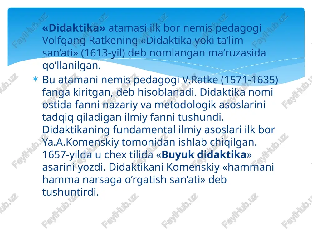 azariyasi bo’yicha donishmand allomalarimiz va mutaxassis – olimlar ko’plab shug’ullanganlar. “antik pedagogikada tabiatga, atrof – muhitga, o’zaro insoniy munosabatlar majmuasi bo’lgan donishmandlik pedagogikasi shakllangan. bu vaqtlarda ta’lim – tarbiyaning bosh maqsadi ham yoshlarda donishmandlik sifatlarini shakllantirish bo’lgan. donishmandlik pedagogikasida yoshlarda mehnatsevarlik, ma’naviy – axloqiy sifatlar bilan uyg’un rivojlantirilishi maqsadga muvofiq ekanligi ilgari surilgan. bu pedagogik qarashlar mashhur “avesto” (er. av. vii asr) asarida va qadimgi xitoyning daos maktabi (er. av. iii asr) tajribalarida aks etgan edi. eramizdan avvalgi ii asrlarga kelib o’rta osiyo, qadimgi hindiston pedagogikasida saxiylik, sofdillik, inson qalbi kabi tushunchalar ilgari surildi. 610 yillarga kelib, islom dinining muqaddas kitoblari “qur’oni karim”, “hadisi sharif” da inson mohiyati to’la ochib berilib, komil inson tarbiyasi bosh maqsad qilib qo’yilgan edi. sharq va g’arb mutafakkirlarining ta’lim sohasidagi g’oyalari. qur’oni karimdagi ta’lim – tarbiyaga oid ulug’ xazina al – buxoriy hazratlarining hadislarida beriladi. ta’lim – tarbiya insoniy munosabatlarning falsafiy asoslari tasavvuf ilmida ochib …
