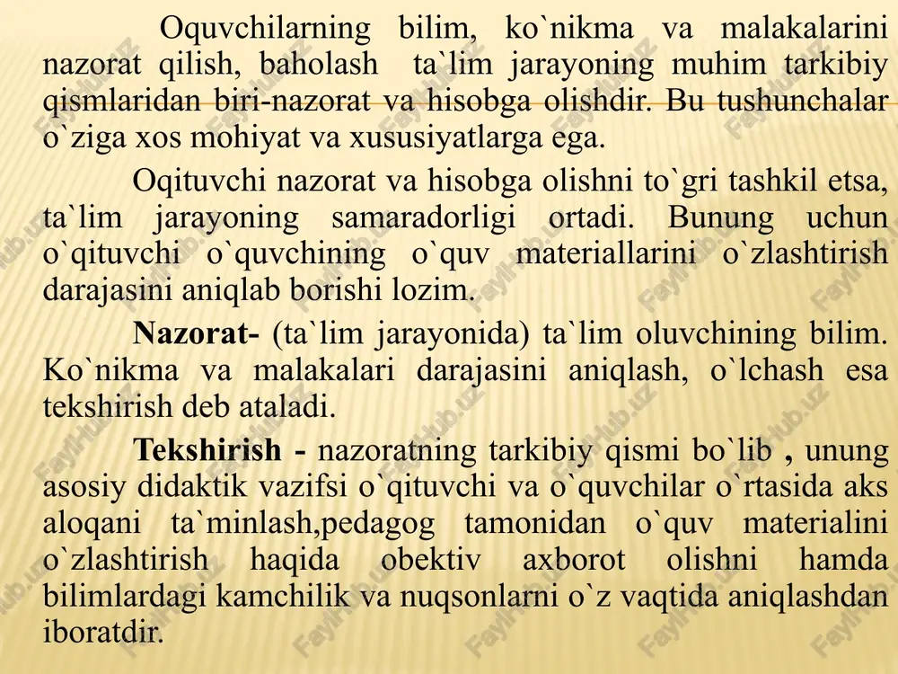 a ularning o`rganilgan mavzularni o`zlashtirish bo`yicha bilikm, ko`nikma va malakalari darajasini tekshirish fanning har bir mavzusi bo`yicha kundalik ballar qo`yib borishini nazarda tutadi. joriy nazorat o`qituvchini har bir o`quvchining o`quv faoliyati bo`yicha tezkor ma`lumotlar bilan ta`minlaydi, o`qitish jarayonini boshqarishda yaxshi natija beradi. oraliq nazorat-bu o`quvchilar tamonidan mazkur fanning muayyan bob yoki bol`imlarining o`zlashtirilganligini tekshirish oraliq nazoratni o`qituvchi dars jadvali asosida darsda o`quv materialining o`ziga xos xususiyatini hisobga olgan holda o`tkazadi. oraliq nazorat o`tkazishdan oldin o`quvchilar ogohlantiriladi. har bir oraliq tekshirish alohida - alohida shkala asosida baholanadi. yakuniy nazoray-choraklik, yarim yillik, yillik va davlat attestatsiyasi sinovlari singari turlarga bo`linadi. yakuniy nazorat og`zaki, yozma, test hamda amaliy topshiriqlarni bajarish metodlari asosida o`tkaziladi.nazoratning shakli o`quv ishini tashkil etish shakliga bog`liq bo`ladi. o`qituvchi uni mavzudan kelib chiqib tanlaydi. nazoratning asosiy besh shakli mavjud; nazoratning ommaviy frontal shakli o`qituvchi o`quvchilarga materialning ma`lum bir hajmi bo`yicha savol beradi, o`quvchilar unga qisqa javob beradi nazoratning guruhli shaklida …