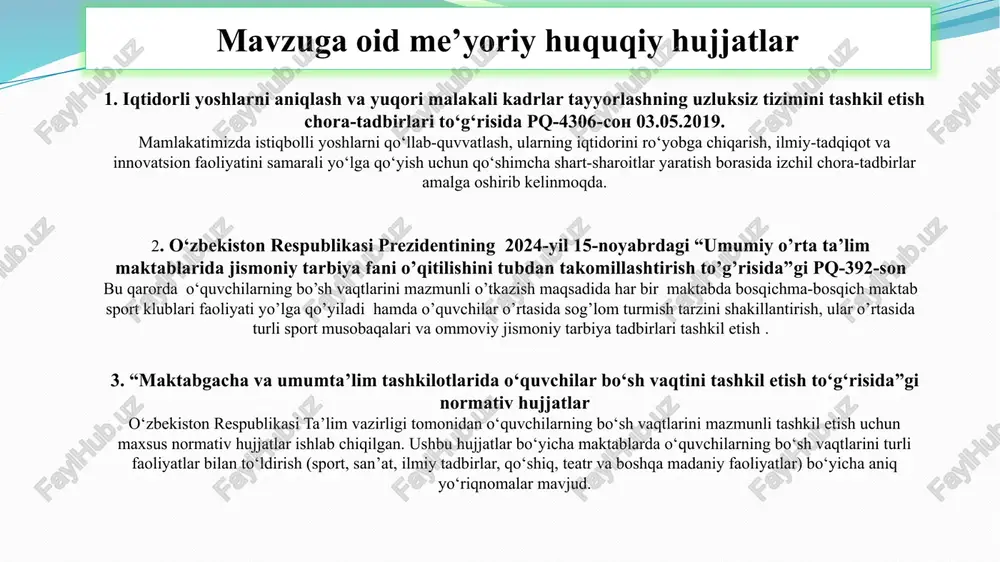 garaklarni kengaytirib, it, robototexnika, dasturlash, ilmiy tadqiqot kabi zamonaviy yoʻnalishlarni tashkil etish. 3 o‘quvchilarning madaniy va estetik rivojlanishi uchun musiqa, raqs, teatr va boshqa san’at turlarini o‘rganish muhimdir. maktabda musiqa to‘garaklari, teatr studiyalari yoki san’at dasturlari orqali o‘quvchilar o‘z ijodiy qobiliyatlarini namoyish qiladilar janubiy koreyada ta’lim tizimi raqobatbardosh va intizomli bo‘lishi bilan mashhur. o‘quvchilar darsdan keyin qo‘shimcha mashg‘ulotlarda qatnashishi odatiy hol. to‘garaklar maktablarda ham, maktabdan tashqarida ham faol tashkil etiladi o‘quvchilarga ijodiy ishlar, san‘at asarlarini yaratish, shuningdek, badiiy ko‘rgazmalar va spektakllar tashkil etish 9 xulosa maktabda oʻquvchilarning boʻsh vaqtini mazmunli tashkil etish ularning har tomonlama rivojlanishiga xizmat qiladi. toʻgʻri yoʻnaltirilgan darsdan tashqari mashgʻulotlar nafaqat taʼlim sifati va tarbiyani oshiradi, balki kelajak avlodning yetuk inson boʻlib shakllanishiga ham hissa qoʻshadi. shuning uchun maktab rahbariyati, oʻqituvchilar va ota-onalar oʻquvchilarning boʻsh vaqtini foydali oʻtkazishiga alohida eʼtibor qaratishlari lozim. 10 1. robototexnika va dasturlash zamonaviy texnologiyalarga qiziqadigan oʻquvchilar uchun it toʻgaraklar tashkil etish taklif …