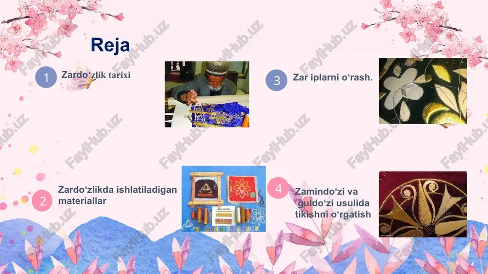 dan kerishga ulanadi. qolip o‘zgarmaydi, lekin kerish o‘zgarib turadi. chunki kerish tikilayotgan zardo‘zi buyumning tagida bo‘lib, u bilan birga qo‘shib tikiladi va o‘sha buyum bilan birga qo‘shib qirqib olinadi. qolipning buklangan tomonlari yog‘och dastaga kiygiziladi. chambarak tortilib, tekis holga keltiriladi. qolipning dasta va yon tomonlaridan teshib, teshiklardan iplar o‘tkazilib, shamshirakka tortiladi. kerish tortilgunicha ip tortiladi. korcho‘bni tayyor holga keltirish hamda u bilan ishlashda, ma’lum texnologik qoidalarga rioya etish ishning sifatiga katta ta’sir ko‘rsatadi: ish tikayotgan paytda korcho‘b ustiga yotib olib, og‘irlikni tashamaslik kerak, aks holda kerish bo‘shab ketib, ishning sifati buzilishi mumkin; hamma asbob-uskunalarni korcho‘b ustiga qadab tashlamaslik kerak, bunda ham korcho‘b bo‘shab qoladi; 1 2 3 korcho‘b tikishga qulay bo‘lishi lozim, uning ko‘krakdan past yoki yuqori bo‘lishi ham ishning sifatiga, ham sog‘liqqa zarardir. angur- uzum gʻujumlari shakli bargi majnunbed- majnuntol bargi shulukiy – egma yaproq birishimdoʻziy- shoyida tikish. guli bibishak – ayollarning manglayiga taqiladigan taqinchoq. guli sad barg – …