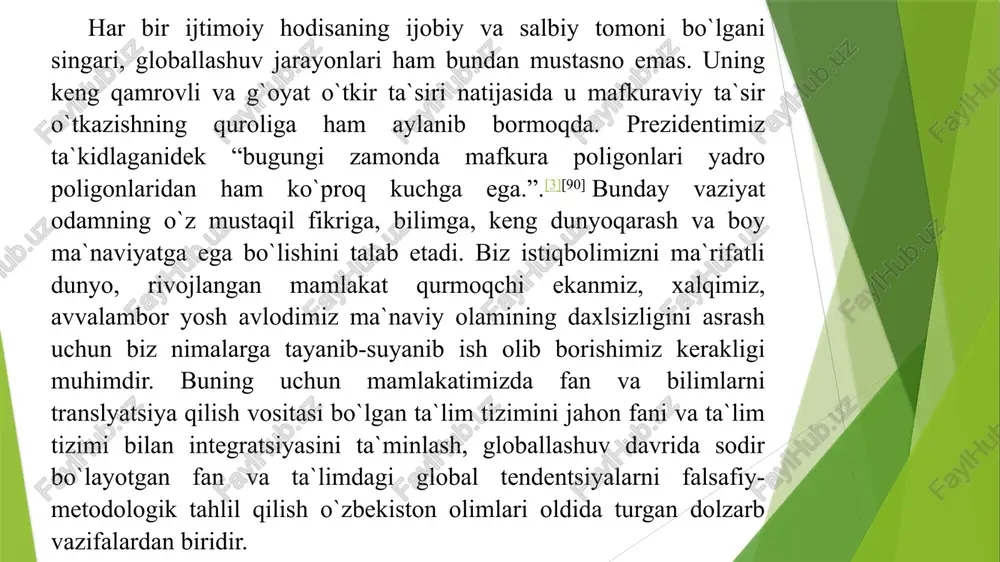 di. har qanday ijtimoiy taraqqiyot, umumjahon tarixiy qonuniyati ijtimoiy intellekt bilan bog`liq. bo`lib, olim fikriga ko`ra u quyidagi funktsiyalarni bajaradi: ijod, loyihalashtirish, bashorat qilish, rejalashtirish, dasturlash. olim xx va xxi asrda insoniyatning ulkan portlash davriga qadam qo`yganligini, bu davr noosfera evolyutsiyasidagi sakrash bo`lib, bu jamiyat intellekt va ta`lim jamiyati asosida boshqarilishini e`tirof etadi. olim ijtimoiy intellekning substantsiyasi bilim, ta`lim esa – ijtimoiy va individual intellektni qayta ishlab chiqarishning asosiy mexanizmi deb hisoblaydi.ammo bu jarayonlarning amalga oshishi uchun ta`lim tizimini intellektuallashtirish lozimligini ta`kidlaydi. o‘zbekiston globallashuv jarayonidan chetda qolmadi. ipak yo‘lining bir necha marshruti hozirgi o‘zbekiston eridan o‘tgan, samarqand va buxoro ipak yo‘lidagi yirik savdo markazlari sifatida jahonga tanildi. hozirgi o‘zbekiston eri xalqaro tijorat yo‘llarining chorrahasi sifatida o‘z ahamiyatini kech o‘rta aslargacha saqlab keldi. ushbu globallashuv natijasi o‘laroq markaziy osiyo erlarida ma’naviy sohada diniy tolerantlik, ilm-fanga charqoqlik vujudga kelgan, islom diniy tafakkuri va grek falsafasi kirib kelgan bo‘lsa, xo‘jalikda ipakchilik va paxtachilik …