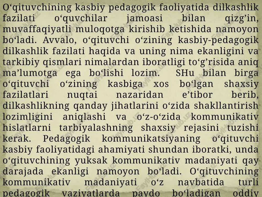ya jarayonini amalga oshirishda qobiliyatning mavjudligi; o‘qituvchining pedagogik kommunikativ ko‘nikma va malakalarni doimiy egallab borishi. takt so‘zi azaldan pedagogikada tarbiyaviy ta’sir etish ma’nosini bildiradi va o‘quvchilar bilan o‘zaro munosabatni boshqarishga yordam beruvchi axloqiy kategoriya sifatida ta’riflanadi. o‘quvchilar bilan muloqot jarayonida ro‘y beradigan eng og’ir vaziyatlarda ham pedagogik takt o‘qituvchidan mutlaqo bosiqlikni, suhbatdoshiga nisbatan hurmat va ehtiromni talab qiladi. pedagogik takt – o‘qituvchi kasbiy mahoratining asosi bo‘lib, o‘quvchilarga barcha demokratik talablar asosida pedagogik ta’sir o‘tkazish, muloqotni insonparvarlik tuyg’ulari asosida o‘rnatish o‘lchovi, o‘quvchilarda mustaqil fikr yuritishni hamda ongli intizomni tarkib toptirish ko‘nikmalarini hosil qilish shaklidir. pedagogikada o‘qituvchining o‘quvchilar bilan munosabati ularning yosh xususiyatlariga qarab belgilanishi va bu qonuniyatga amal qilinishi qat’iy talab qilinadi. o‘quvchilar bilan muloqotda pedagogik taktga zid bo‘lgan qo‘pollik, adolatsizlik, qo‘rqitish, haqorat, mensimaslik, pedagogikaga zid bo‘lgan jazolash usullarini qo‘llash va boshqa ular shaxsiga salbiy ta’sir qiladigan turli jargon so‘zlar ishlatish o‘quvchilar qalbini umuman tuzalmaydigan darajada jarohatlab qo‘yishi, yoki o‘qituvchining obro‘siga …