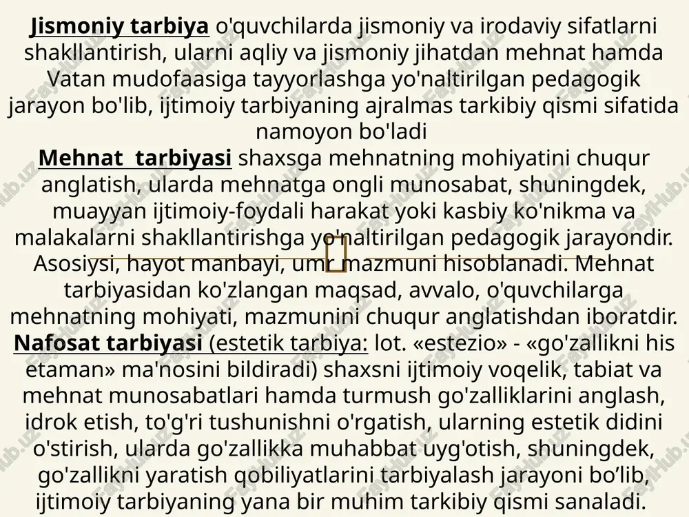 y, ekologik, huquqiy, siyosiy hamda mehnat madaniyatini tarbiyalashdan..iborat. tarbiyaning shaxsga yo'naltirilganligi. mazkur g'oya ta'lim muassasasi amaliyotining markaziy nuqtasida tarbiyaviy ishlar dasturi, tadbirlar, ularning shakl, metod va vositalari emas, balki o'quvchi turganligini anglatishga xizmat qiladi. ixtiyoriylik. tarbiyalanuvchilarning iroda erkinligisiz tarbiya g'oyalari mohiyatini qaror toptirish mumkin emas. tarbiya jarayoni, agar u oqilona tashkil etilsa, bir vaqtning o'zida ham o'quvchi, ham o'qituvchi ma'naviyatining boyitilishiga,,xizmat,,qiladi. jamoa yo'nalishi. tarbiyaviy ishlar mazmunida jamoaga nisbatan ijobiy munosabatni qaror toptirish yotadi. jamoa yordamida shaxsni har tomonlama kamoloti, uning dunyoni anglash, uni to’laqonli talqin etish, insonparvarlik va o'zaro hamkorlik tuyg'ularini yuzaga kelishi va rivojlanib borishi kabi holat amalga oshiriladi.  tarbiyaning qonuniyatlari tarbiyaning birinchi va eng muhim qonuniyati uning ijtimoiy muhitning obyektiv va subyektiv omillariga bog‘liqligidir. tarbiyaning ikkinchi muhim qonuniyati tarbiyaning shaxs rivojlanishi bilan birligi, o‘zaro aloqadorligi va bog’liqligidir. tarbiyaning uchinchi qonuniyati faoliyat va munosabat birligini e’tirof etish, shaxsning ijtimoiy ijobiy fazilatlarini shakllantirishning asosiy manbayi bo‘lib xizmat qiladi. tarbiyalanuvchilarning …