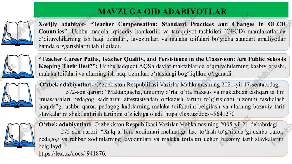 school master/mistress (spsm): boshlang‘ich maktablarda katta o‘qituvchi lavozimi. har bir lavozimda o‘qituvchilarning ish haqlari ularning tajribasi va malaka darajasiga qarab oshib boradi. irlandiya-o‘qituvchilar va rahbar xodimlarning ish haqlari milliy miqyosda belgilangan maosh shkalasi asosida to‘lanadi. o‘qituvchilar uchun ish haqi shkalasi ularning tajribasi va malaka darajasiga qarab 27 pog‘onadan iborat. yangi ish boshlagan o‘qituvchi 1-pog‘onadan boshlaydi va har yili tajribasi ortib borishi bilan yuqori pog‘onalarga ko‘tariladi. rahbar xodimlar maktabning o‘lchami, o‘quvchilar soni va ularning boshqaruv tajribasiga qarab belgilanadi. polsha- o‘qituvchilar uchun ish haqi shkalasi ularning lavozimi, tajribasi va malaka darajasiga qarab belgilanadi. masalan: boshlang‘ich maktab o‘qituvchilari uchun alohida, o‘rta maktab o‘qituvchilari uchun alohida maosh shkalasi mavjud. rahbar xodimlar, masalan, maktab direktorlarining ish haqlari esa ularning lavozimi, tajribasi va maktabning o‘lchamiga qarab belgilanadi. qiyosiy tahlil № amaldagi holat o‘zbekistonda amaldagi holat xorijda takliflar 1 o‘qituvchilar lavozimlari -boshlang‘ich, o‘rta, yuqori o‘qituvchilar; malaka toifalari: oliy, birinchi, ikkinchi, mutaxassis. gonkong -boshlang‘ich maktab ustasi , katta …