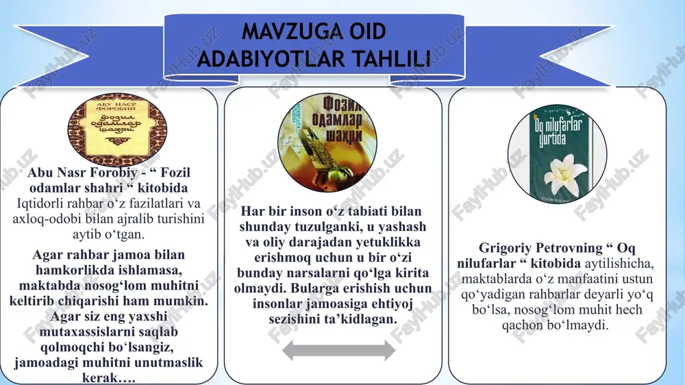 hitni shakllantirish orqali maktab direktori maqsadli ravishda quyidagi natijalarga erishadi: rahbar bilan xodim o‘rtasida o`zaro ishonch va hurmat ustuvor bo`ladi; bu usullarni qo‘llash orqali maktabda o‘qituvchilar uchun ko‘proq qo‘llab- quvvatlovchi va rag‘batlantiruvchi muhit yaratiladi, o‘qituvchilarda davlatdan hamda mavjud ta’lim siyosatidan rozilik, shukronalik kayfiyati paydo bo‘ladi; jamoa bir maqsad sari maktab rahbari atrofida birlashsa, muvaffaqiyat qochib qutila olmaydi; har bir o‘qituvchi, har bir direktor- bu o‘zgarishning asosiy kaliti. o‘zini va boshqalarni ilhomlantirish orqali ta’limni yangi pog‘onaga olib chiqadi, hamda ta’lim sifati va samaradorligi yaxshilanadi. 9 takliflar sog‘lom muhitga ta’sir qiluvchi turli nizolar yuzaga kelishida sabab bo‘luvchi xodimlarni aniqlash. jamoa a’zolari o‘rtasida ma’naviy-ma’rifiy tadbirlarni tizimli tashkil etish orqali jamoa xodimlarini ish jarayoniga moslashtirish. maktab rahbariyatining adolatli va samarali boshqaruvini yanada takomillashtirish. natijaga ko‘ra rag‘batlantirish, o‘qituvchilar faoliyat samaradorligini oshirish . 10 boshqaruvda sogʻlom muhitni tashkil etish usullari kadrlarni to‘g‘ri tanlash va joylashtirish xodimlarning haq-huquqi va majburiyatlariga amal qilishi hamda ularni hurmat qilish ustidan …