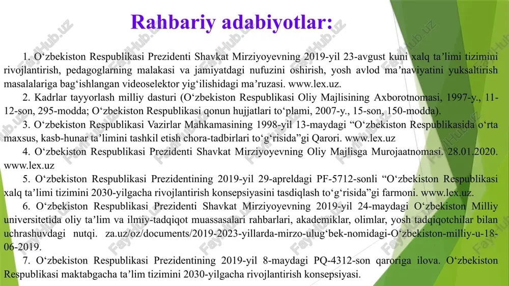 lanishi va sohadagi muammolar. o‘zbekiston respublikasining prezidenti sh.m.mirziyoyevning 2017-yil 30-sentabrdagi qaroriga muvofiq yurtimizda birinchi marta maktabgacha taʼlim vazirligi tashkil etildi. o‘tgan qisqa davrda 980 dan ortiq bog‘chalar ishga tushirildi. so‘nggi 2019-yili respublika bo‘yicha bolalar bog‘chalarining soni 1 ming 400 taga ortib, 6 ming 367 taga yetdi. ularda taʼlim va tarbiya ishlari mazmun hamda sifat jihatidan eng ilg‘or usul va vositalar yordamida olib borilmoqda. maktab ta’limida vujudga kelgan muammolar va taxlili sh.mirziyoyev maktab o’quv dasturlarini ilg’or xorijiy tajriba asosida takomillashtirish, o’quv yuklamalari va fanlarni qayta ko’rib chiqish, ularni xalqaro standartlarga moslashtirish, darslik va adabiyotlar sifatini oshirish zarur. xarakatlar strategiyasi zamonaviy maktab prezident maktablari xalq ta’limini 2030-yilgacha rivojlantirish konsepsiyasi umumiy o’rta ta’limni boshqarish sohasida kadrlar tayyorlash sohasida o’quv jarayonini tashkil etish sohasida maktablarning moddiy texnik ta’minoti sohasida xalq ta’limi tizimini moliyalashtirish sohasida umumiy o’rta ta’lim tizimini isloh qilishning yangi bosqichi va uni modernizatsiyalash maktab bu hayot-mamot masalasi. uni davlat, hukumat va hokimlarning …