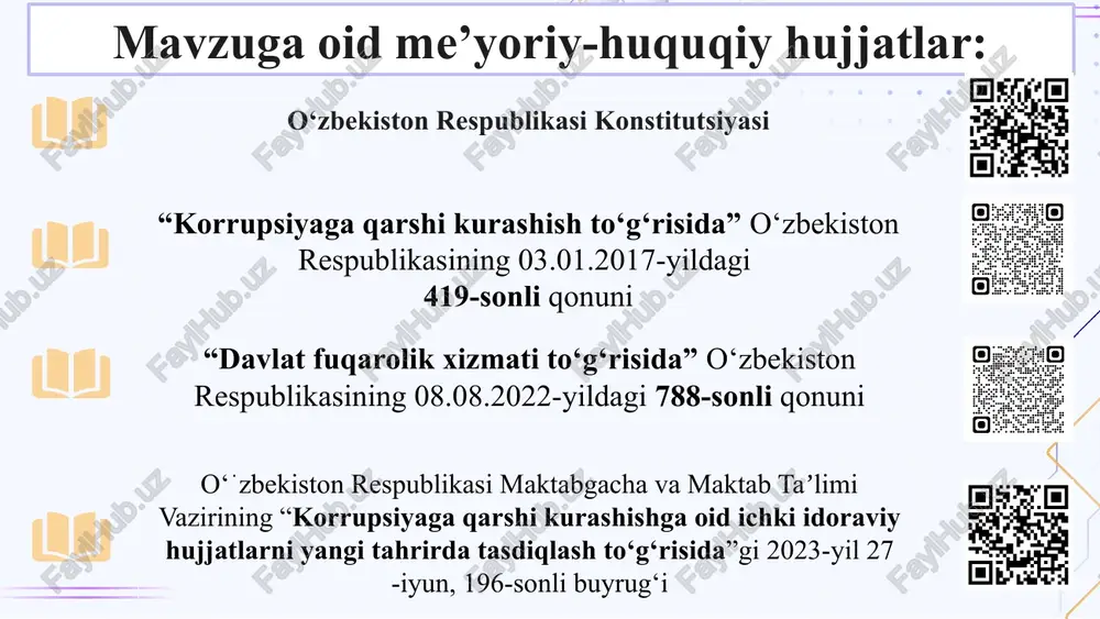 lish umkoniyatlari mavjud emas avstraliyada o‘quvchilar, ota-onalar va xodimlar korrupsiyani aniqlash yoki uning oldini olish uchun anonim ravishda shikoyat qilishlari mumkin bo‘lgan tizimlar mavjud. umumta’lim maktablarida ota-onalar va o‘quvchilar uchun anonim so‘rovnoma olish uchun imkoniyatlar yaratish kerak xulosa qilib shuni aytish mumkinki, maktabda korrupsion omillarning oldini olish, ta’lim sifatining yanada rivojlanishiga sabab bo‘ladi. bunda o‘qituvchilar, maktab rahbarlari va o‘quvchilar uchun korrupsiyaga nisbatan murosasizlik madaniyatini shakllantirishga xizmat qiladigan ahloq va odob-ahloq dasturlarini joriy etish, maktab o‘quv dasturiga korrupsiyaga qarshi tizimli ta’limni joriy etish zarur, bu esa o‘quvchilarda korrupsiyaga nisbatan murosasizlikni shakllantirishga xizmat qiladi. bundan tashqari byudjet mablag‘larining sarflanishi to‘g‘risidagi ma’lumotlarning ochiqligi korrupsion sxemalar ehtimolini kamaytiradi. zamonaviy menejer rahbar korrupsiyasiz maktab shakllantirishda asosiy vositachilar deb hisoblayman. xulosa taklif: 1. maktabda korrupsiyaga qarshi kurash bo‘yicha maxsus komissiyalar tashkil etish. 4. maktab ichida korrupsiya holatlari haqida xabar berish uchun anonim ishonch telefonlari yoki onlayn platformalar yaratish. 2. korrupsiya va uning oqibatlari haqida targ‘ibot materiallari …