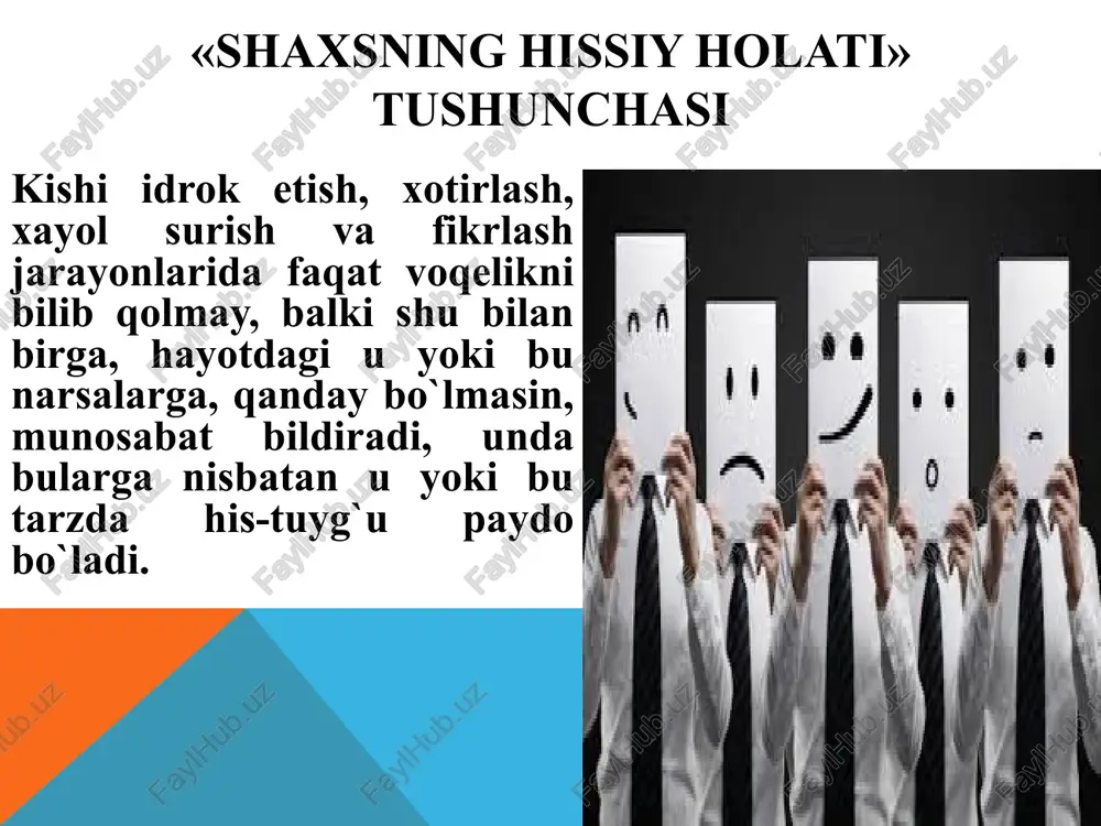 haklda namoyon boiishi mumkin: odam dahshatdan qochadi, qo`rquvdan serrayib qoladi, o`zini idora qila olmay har tomonga uradi, hatto o`zini xavf-xatarga tashlashi ham mumkin. «hissiyot» (emotsiya) va «his-tuyg`u» degan so`zlar ko`pincha si-nonimlar sifatida qoilaniladi. torroq ma`noda olganda, hissiyot bu qandaydir biroz doirniyroq his-tuyg`ularning bevosita va vaqtincha boshdan kechirilishidan iborat. «emotsiya» so`zi o`zbek tiliga aniq tarjima qilinganda, u ruhiy hayajonlanish, ruhiy harakatlanish degan ma`noni anglatadi. ayrim holatlarda emotsiyalar ta`sirchanligi bilan ajralib turadi. ular xatti-harakatlarga, fikr-mulohaza bildirishga turtki beradigan kuch boiib, g`ayratni oshiradi va bu holat stenik hislar deb ataladi. boshqa bir hollarda emotsiyalar (astenik deb atalmish emotsiyalar) faoliikning sustligi yoki loqaydligi bilan ajralib turadi, his-tuyg`ular­ning boshdan kechirilishi kishini bo`shashtirib yuboradi. har qanday vaziyatda ham emotsional xatti-harakat, faoliyat motivlari boiishidan tashqari, ba`zida faoliyatni tashkil qiluvchi, goho uni izdan chiqaruvchi omilga ham aylanishi mumkin. emotsional holatlar yo haddan tashqari kuchaysa yoki susaysa, xullas, me`yori, maromi izdan chiqsa, u holda shaxs faoliyati` maqsadga yo`nalishini yo`qotadi, …