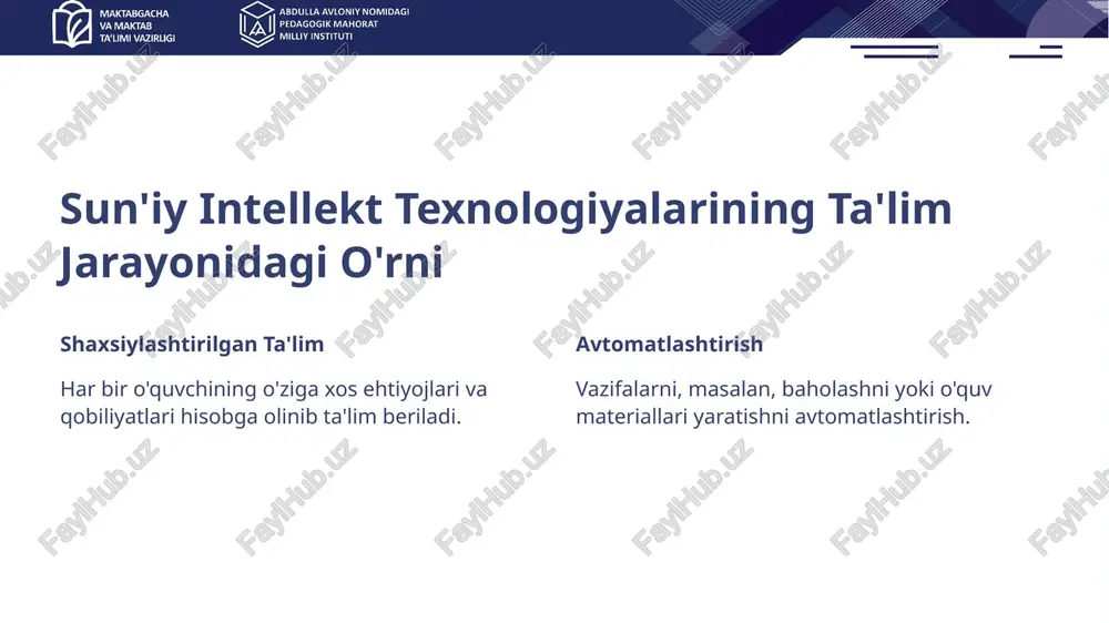 xshilash imkoniyati ai o'quvchilar va o'qituvchilar uchun ko'plab imkoniyatlar taqdim etadi. ai texnologiyalaridan foydalanishga e'tibor berish o'qitishni yaxshilash va o'quvchilar uchun samaraliroq ta'lim muhitini yaratish uchun. ai ta'limida xalqaro tajribalarni o'rganish ai texnologiyalarini samarali qo'llash bo'yicha ilhomlanish olish. 19 mavzu bo‘yicha fikr mulohazalar e’tiboringiz uchunrahmat! image4.png image1.jpg image5.png image3.png image6.png image7.png image4.svg image8.png image9.png image10.png image2.svg image11.png image12.png image13.png image14.png image15.png image16.png image17.png image18.png image19.png image20.png image21.png image22.png image23.png image24.png image25.png image26.png image27.png image28.png image29.png image30.png image31.png image32.png image33.png image34.png image35.png image36.png image37.png image38.png image39.png image40.png image41.png image42.png image43.png image44.png /docprops/thumbnail.jpeg