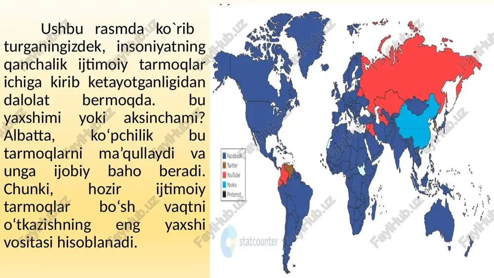 iy tarmoqlar arzon va bepul taʼlim olish uchun imkoniyat eshiklarini juda keng ochgan. bu nafaqat ilm olish, balki ilm tarqatishda ham qoʻl keladi. bugungi kunda internetdagi ijtimoiy tarmoqlar ayniqsa yoshlar orasida ommalashib bormoqda. biroq keyingi yillarda mazkur tarmoqlarning yoshlar tarbiyasiga salbiy ta’sir ko‘rsatayotgan jihatlari ham ko‘zga tashlanayotgani ko‘pchilikni tashvishga solmoqda. yurtimizda internetdan foydalnuvchilarning aksariyati “tik tok", “facebook", "v.kontakte", “instagramm" kabi tarmoqlarda o‘z profillariga ega. koʻpchilik yoshlar vakillari uchun real hayotdan koʻra internetda muloqot qilish qulayroq. bu shaxsning jamiyatdagi oʻz oʻrnini topishida salbiy iz qoldiradi, uni yanada cheklaydi. shiddat bilan yuksalib borayotgan fan-texnika asrida, internet va ijtimoiy tarmoqlarining ijobiy jihatlari bilan bir qatorda uning yoshlar ma’naviyatiga, ularning yangiliklarga chanqoq ongiga salbiy ta’sirining ham guvohi bo’lyapmiz. e’tibor beradigan bo`lsak, internet kafelariga serqatnov yosh o’smirlar u yerga borishib, har xil buzg’unchi g’oyalar ruhidagi komp’yuter o’yinlarini tomosha qilayotganligini, tuturuqsiz narsalar bilan vaqtlarini besamar o’tkazayotganligiga guvoh bo’layapmiz. bunday yoshlarni biz internet imkoniyatlaridan to’laqonli, faqat bilim …