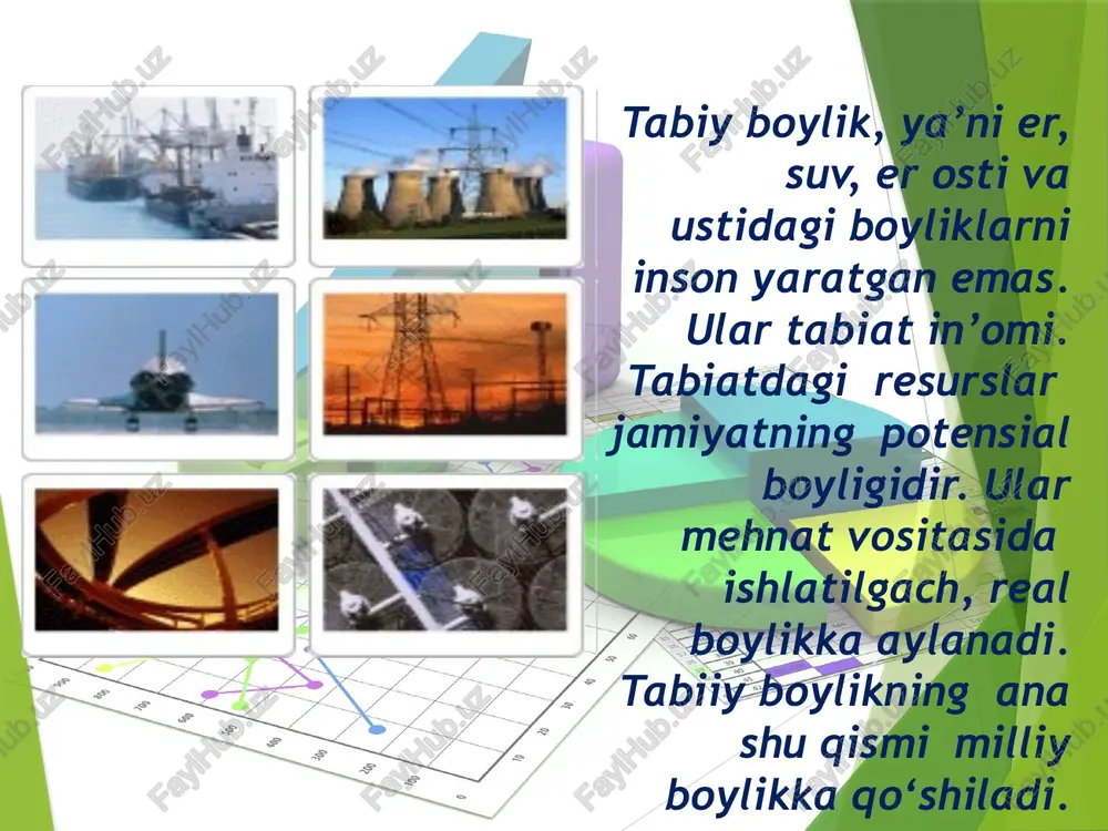 iladi iqtisodiyot tarmoqlari bo`yicha – tovarlar ishlab chiqaruvchi tarmoqlar (shu jumladan, sanoat, qishloq xo`jaligi, qurilish va h.k. tarmoqlar) asosiy fondlari, xizmat ko`rsatuvchi tarmoqlar (shu jumladan, transport, aloqa, savdo) asosiy fondlari mulk formasi bo`yicha – davlat mulkida bo`lgan, xususiy mulkda bo`gan asosiy fondlar ishlab chiqarish jarayonida qatnashishi darajasiga qarab – bevosita mahsulot ishlab chiqarish va xizmat ko`rsatish jarayonida qatnashuvchi asosiy fondlar va harakatda bo`lmagan asosiy fondlar, shu jumladan, zahirada, konservatsiyada, ta’mirlashda, rekonstruktsiyada bo`lganlar kimga qarashli ekanligiga qarab – xususiy va ijaraga qo`yilgan asosiy fondlar xududlar bo`yicha joylashishiga qarab – tumanlar, shaharlar, viloyatlar va respublika asosiy fondlari o`zbekiston respublikasi asosiy fondlarining tarkibi jami asosiy fondlar salmog’i (%%) jami asosiy fondlar 100 shu jumladan: i. passiv qism 45,4 ulardan: - binolar 29,3 - inshootlar 16,1 ii. aktiv qism 54,6 ulardan: - o`zgaruvchi moslamalar 12,3 - kuchlanish mashina va uskunalar 9,2 - ishchi mashina va uskunalar 27,2 - o`lchash va boshqarish anjomlari, qurilmalari va …