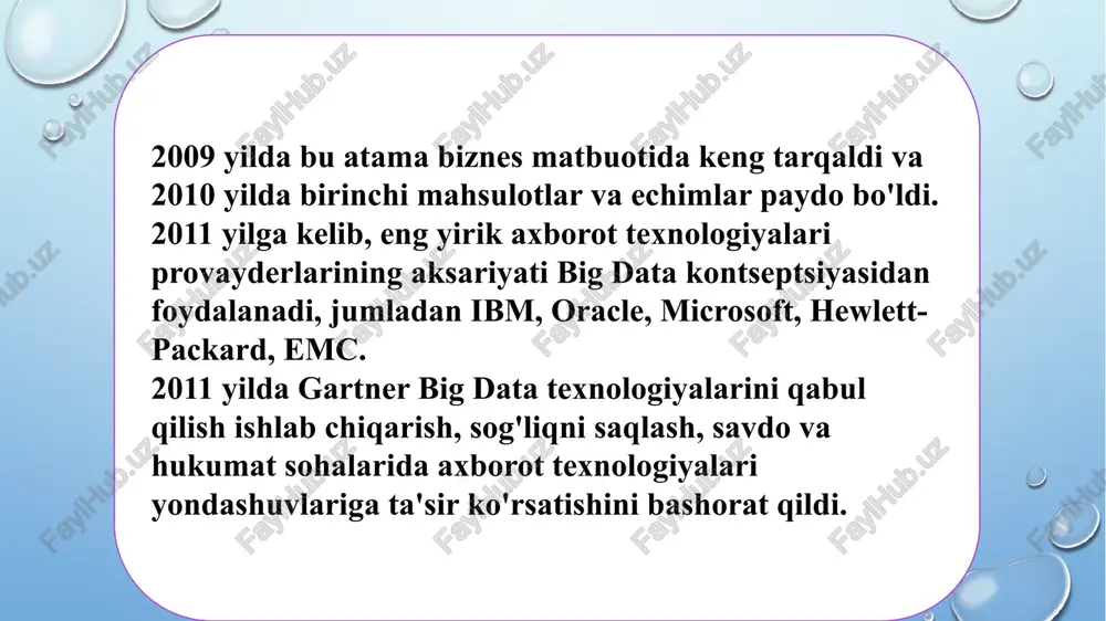 rirovannix iz dannix sotsialnix setey, tendentsiy internet zaprosov i prognozov pogodi. drugim primerom yavlyaetsya optimizatsiya dorojnogo dvijeniya s ispolzovaniem dannix gps adiochastotnix datchikov big data primeneniya bolshix dannix? primer 2. zdravooxranenie vichislitelnie moshnosti, sozdannie dlya analiza bolshix dannix, pozvolyayut naxodit novie podxodi i metodi lecheniya, luchshe ponimat i predskazat bolezni. teper stalo vozmojnim na osnovanii dannix ot smart-chasov, drugix nosimix ustroystv luchshe ponyat svyaz mejdu obrazom jizni i razlichnimi zabolevaniyami. analitika bolshix dannix pozvolyayut sledit i prognozirovat epidemii i vspishki zabolevaniy, prosto poslushav, chto lyudi govoryat, naprimer, “ploxo sebya chuvstvuyu – v posteli s prostudoy” ili ishut v internete, naprimer, “lekarstva ot grippa”. big data primeneniya bolshix dannix? primer 3. povishenie bezopasnosti i ukreplenie zakonoporyadka: slujbi bezopasnosti ispolzuyut analiz bolshix dannix dlya sriva terroristicheskix zagovorov i viyavleniya kiberatak. spetsslujbi ispolzuyut instrumenti bolshix dannix, chtobi poymat prestupnikov i daje predugadivat prestupnie namereniya. banki ispolzuyut analitiku bolshix dannix dlya viyavleniya moshennichestva s …