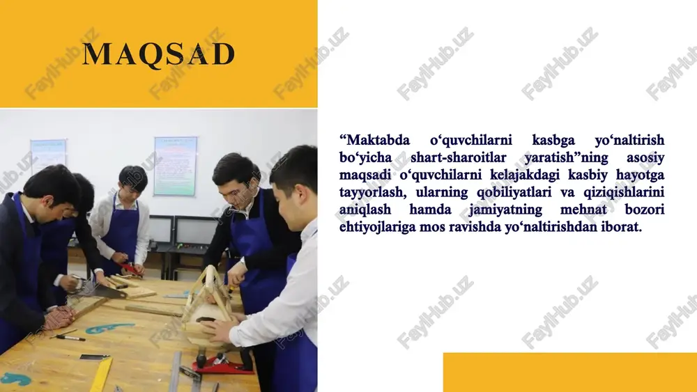 muammo muammoning yechimini amalga oshirish mexanizmi mas’ullar muddati natija 1 kasbga yo‘naltirish bo‘yicha maxsus darslarning yo‘qligi “kasbiy yo‘naltirish” nomli fan kiritilib, haftada 1 soat amaliy mashg‘ulotlar bilan o‘quv dasturi tuzish maktab direktori, o‘quv ishlari bo‘yicha o‘rinbosar, o‘qituvchilar 2025-yil sentyabr o‘quvchilar kasblar haqida umumiy tasavvurga ega bo‘lib, amaliy ko‘nikmalar oladi. 2 amaliyot imkoniyatlarining kamligi mahalliy it-kompaniya yoki tikuvchilik sexi bilan hamkorlik memorandumini imzolash, o‘quvchilar uchun 2 haftalik amaliyot tashkil qilish. maktab rahbariyati, mahalliy korxonalar rahbarlari 2025-yil oktyabr o‘quvchilar real mehnat muhitida tajriba orttiradi. 3 kasbiy maslahat xizmatlarining tizimli emasligi maktab psixologini karyera maslahatchisi sifatida treningdan o‘tkazish, har oy o‘quvchilar bilan individual suhbatlar o‘tkazish. maktab psixologi, tuman mmtb 2025-yil noyabr o‘quvchilar o‘z qiziqishlari va qobiliyatlariga mos maslahat oladi. chora-tadbir namunasi e’tiboringiz uchun rahmat image1.jpeg image2.png image3.svg image3.png image4.png image5.png image6.png image8.svg image7.png image8.png image9.png image10.png image11.png image12.png image15.svg image13.png image14.png image15.png image19.svg image16.png /docprops/thumbnail.jpeg