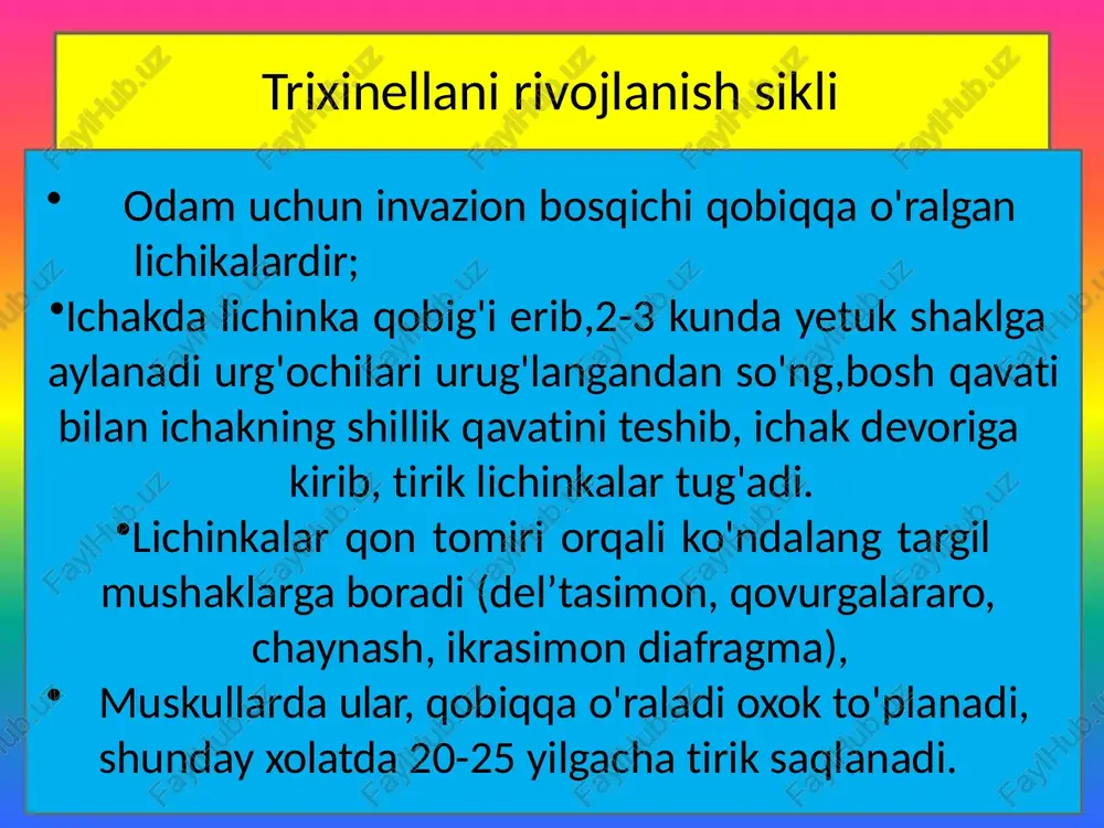 an yaxshilab aralashtiriladi. hosil bo‘lgan aralashma qil elakda suzilib, pro-birkalarga quyiladi va 1 minut sentrifugada aylantiriladi. natijada probirkalarda uchta aniq qatlam hosil bo‘ladi: ustki qatlamda erigan yog‘, o‘rtada-kislotada erigan oqsillar hisobiga hosil bӯlgan qavat va pastki qatlam:erimagan moddalarning zarrachalari, kletchatka, tuzlar va hokazo-lar. shu qatlamda gelmintlarning tuxumi ham bo‘ladi. pipetka yordamida ana shu uchinchi qatlamdan namuna olinib, buyum oynasiga surkaladi va ustini qoplagich oynacha bilan yopib, mikroskop ostida tekshiriladi. flotatsiya (qalqib chiqish) usuli. qalqib chiqish usulini birinchi marta 1911 yilda rus gelmintologi ginzburg tomonidan taklif qilin-gan bo‘lib, keyinchalik bir necha olimlar tomonidan takomillashtirilgan. a) fyulleborn usuli. tekshiriladigan axlatning 4 - 5 joyidan kattaligi no‘xatdek namuna olinadi va kichkina (chinni) idishga solinadi, yaxshilab aralashtirib, ustidan sekin-asta osh tuzining to‘yingan eritmasi quyiladi (bir qism axlatga 20 qism osh tuzining to‘yingan eritmasi solinadi). hosil bo‘lgan aralashma 30 - 40 min tindiriladi (agarda 1 soat tindirilsa natija yanada yaxshi bo‘ladi). eritmaga nisbatan tuxumlarning solishtirma …