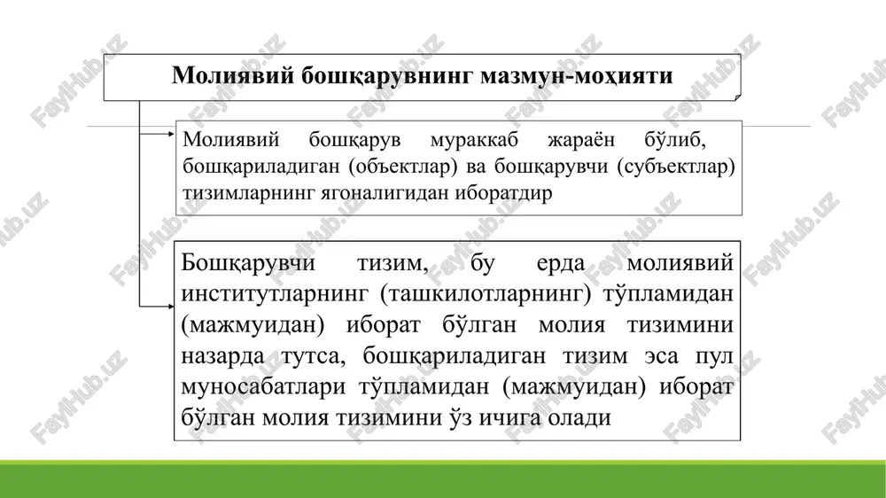 mara olish uchun qayta taqsimlashga qaratilgan kompleks ishlar yig'indisidir. nazorat - boshqaruv elementi sifatida bir vaqtning o'zida moliyani rejalashtirishda hamda operativ boshqarishda qo'llaniladi. nazorat haqiqiy natija bilan rejadagi ko'rsatkichlarni taqqoslashga yordam beradi, moliyaviy resurslarni o'stirish yo'llarini ko'rsatadi va ulardan samarali xo'jalik yuritish yo'llarini ko'rsatib beradi. davlat soliq qo'mitasi umumdavlat miqyosida moliyaviy boshqaruv tizimidagi boshqaruv organlari prezident va prezident devoni oliy majlis va moliya, byudjet, soliq va bank masalalari bo'yicha oliy majlis har ikki palatasining tegishli qo'mitalari vazirlar mahkamasi hisob palatasi moliya vazirligi va uning quyi (joylardagi), jumladan, g'aznachilik tizimi organlari markaziy bank davlat bojxona qo'mitasi davlat mulk qo'mitasi qimmatli qog'ozlar bo'yicha komissiya nobyudjet fondlarning ijroiya direktsiyalari va b. mamlakat prezidenti (prezident devoni) moliya tizimining faoliyatini reglamentatsiya qiladi (tartibga soladi), mamlakat byudjetini imzolaydi, parlament tomonidan qabul qilingan moliyaviy qonunlarga “veto” qo'yish huquqiga ega. ikki palatadan (senat va qonunchilik) iborat bo'lgan oliy majlis soliqlar, yig'imlar, nosoliqli to'lovlarni belgilaydi (o'rnatadi), davlat byudjetini ko'rib …
