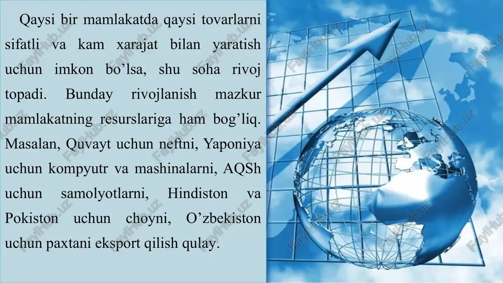 tli qog’ozlar; harakatlanuvchi asosiy kapitallar, shu jumladan texnologiyalar; mualliflik huquqlari va boshqa intellektual boyliklar. 2. tashqi iqtisodiy faoliyatni tavsiflovchi ko’rsatkichlar tashqi iqtisodiy aloqalarni tahlil qilishda makroiqtisodiy statistika quyidagi ko’rsatkichlarni hisoblaydi. xalqaro savdo-sotiqni tavsiflovchi ko’rsatkichlar; xalqaro ishlab chiqarish kooperatsiyasini tavsiflochi ko’rsatkichlar; xalqaro kapital migratsiyasini ifodalovchi ko’rsatkichlar; xalqaro ishchi kuchi migratsiyasini tavsiflovchi ko’rsatkichlar; o’zaro to’lovlar va hisob valyutalari operatsiyalarini ifodalovchi ko’rsatkichlar. har bir guruh ko’rsatkichlari mutlaq va nisbiy miqdorlarda hisoblaniladi. bunda qiyosiy yondashish va uning shartlariga qat’iy rioya qilish o’ta zarurdir. xalqaro iqtisodiy munosabatlarda savdo-sotiq etakchi o’rin tutadi va bu jahon bozorida quyidagi ko’rsatkichlarda o’z ifodasini topadi tashqi savdo-sotiqni tavsiflovchi ko’rsatkichlar tashqi savdo-sotiqni tavsiflovchi ko’rsatkichlar 16 tashqi savdo oboroti (tso) eksport (e) va import (i) yig’indisidan tashkil topadi: tso=e+i oborot ikki usulda hisoblanadi: 1) absolyut miqdorda, masalan, shuncha milliard dollarga teng deb olinadi; 2) nisbiy miqdorda, ya’ni u yaratilgan va ishlatiladigan mahsulotlarning shuncha foizini tashkil qiladi deb qaraladi. eksport bilan import o’rtasidagi …