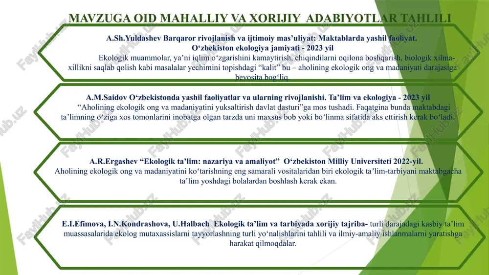 choralari, ekologik transport (velosiped yo‘laklari) targ‘ib qilinadi. o‘quvchilarga chiqindilarni qayta ishlash bo‘yicha amaliy ko‘nikmalar berish, “mening zangori olovim” loyihasi bo‘yicha qayta ishlanmaydigan chiqindilarni maxsus bunkerlarda saqlab gaz hosil qilish. 8 xulosa: maktabda yashil faoliyatni joriy etish o‘quvchilarda ekologik madaniyatni shakllantirish, maktab infratuzilmasini ekologik barqaror qilish va jamiyatda yashil tashabbuslarni rivojlantirish uchun muhimdir. avstriya, daniya va irlandiya tajribalari shuni ko‘rsatadiki, barqaror ekologik tizim yaratish uchun maktablarda energiya tejovchi texnologiyalar, chiqindilarni qayta ishlash va ekologik ta’limni kuchaytirish kerak. o‘zbekistonda mavjud kamchiliklarni bartaraf etish uchun ekologik menejment tizimini joriy qilish, energiya samaradorligini oshirish va ekologik loyihalarni doimiylashtirish zarur. taklif va mulohazalar: maktablarda ekologik menejment tizimini joriy etish – har bir maktabda ekologik faoliyat bo‘yicha aniq reja ishlab chiqish, ekologik nazorat tizimini yaratish va “yashil maktab” tamoyillarini bosqichma-bosqich joriy etish. energiyani tejash va yashil texnologiyalarni keng qo‘llash – quyosh panellari, led yoritish tizimlari va suvni tejovchi uskunalarni maktablarga tatbiq etish hamda o‘quvchilarni ulardan to‘g‘ri …