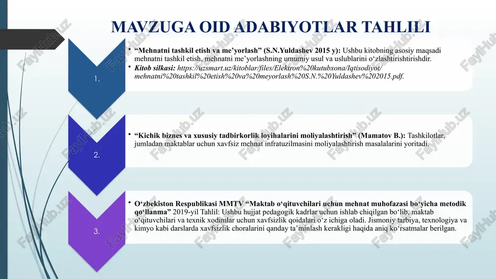 i yaxshilash: o‘quv xonalari va boshqa joylarda yong‘in chiqishi ehtimoliga qarshi vositalarni o‘rnatish, evakuatsiya yo‘laklarini belgilash. 2. motivatsiya tizimini joriy qilish: mehnat muxofazasi qoidalariga rioya qilgan xodimlarni rag‘batlantirish tizimini yaratish. 3. xavfsizlikni oshirish uchun: evakuatsiya rejalari va birinchi yordam ko‘rsatish bo‘yicha amaliy mashg‘ulotlar, favqulodda vaziyatlarda tezkor va samarali harakatlanish mexanizmlari joriy etish. takliflarim № muammo muammoning yechimini amalga oshirish mexanizmi mas’ullar muddati natija 1 maktabda xavfsizlik infratuzilmasini o‘quv xonalari va boshqa joylarda yong‘in chiqishi ehtimoliga qarshi vositalarni o‘rnatish, evakuatsiya yo‘laklarga bo‘lgan ehtiyojning yuqoriligi 1. maktabda mehnat muxofazasi, favqulodda holatlarni samarali oldini olish uchun maxsus komissiya tuzish (rahbar, o‘qituvchilar, texnik xodimlar ishtirokida). 2. ularni ishini tizimli tashkil etish va qilingan ishlarni tahlil qilish maktab raxbari, o‘ibdo‘, psixolog, xibdo‘ o‘quv yilining boshida xavfsiz muhit ta’minlangan maktablar ota-onalar orasida nufuzli va ishonchli deb qabul qilinadi, bu esa yangi o‘quvchilarni jalb qilish imkoniyatini oshiradi. 2 maktabda mehnat muxofazasi qoidalariga rioya qilgan pedagog va ishchi-xodimlarni …