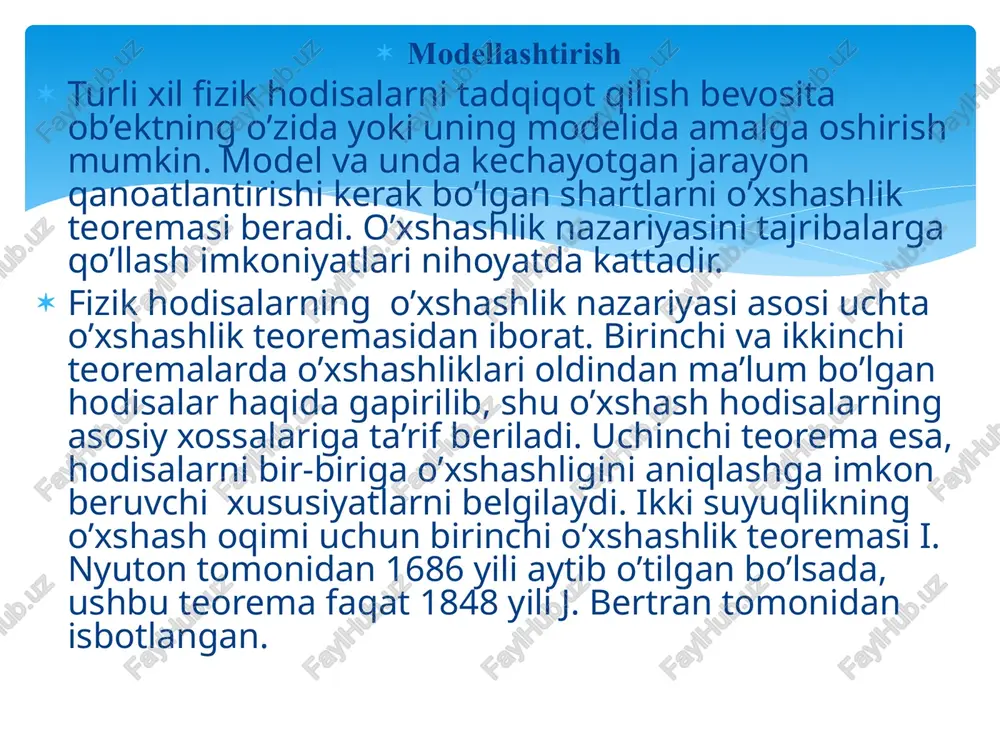 di. ularga issiqlik uzatish fanining rivojlanishiga katta hissa qo’shgan olimlar nomi berilgan. o’xshash sonlar (m, ml, va m oxirgi ifodaga uning tarkibiga kirgan kattaliklarni birliklarini qo’ysak,  l / o’lchamsiz kattalik ekanligi kelib chiqadi. hosil bo’lgan songa nusselt soni deyiladi. nusselt soni, qattiq jism bilan suyuqlik chegarasidagi issiqlik almashinuvini tavsiflaydi: bu yerda –issiqlik o’tkazuvchanlik koeffitsienti, vt/(mk);  – issiqlik berish koeffitsienti, vt / (m2k); lo – jismning o’ziga xos chiziqli o’lchami, m. image2.emf image3.png image4.wmf image5.png oleobject1.bin image6.wmf image7.png oleobject2.bin oleobject3.bin oleobject4.bin  `= m l  c c a o l nu = /docprops/thumbnail.jpeg