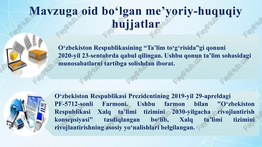 ratish mumkin. takliflar joriy qilingan kasbga yo‘naltirish dasturini tezroq amaliyotga tatbiq qilish ota-onalar bilan hamkor-likni yuqori darajaga olib chiqish hamda ma’suliyatini yanada oshirish o‘quvchilarda jamoaviylik va mas’uliyat hissini shakllantirish ota-onalar hamda o‘quvchilardan muhitni o‘rganish maqsadida anketa so‘rovlari o‘tkazish. 11 chora- tadbir № muammo amalga oshirish mexanizmi muddati ma’sul tadbirdan kutilayotgan natija 1 ota-onalarning maktab faoliyatidagi ishtirokining sustligi. 1. hamkorlik madaniyatini rivojlantirish va ta’lim tizimidagi islohotlar haqida ota-onalar va keng jamoatchilikning uzviy ma’lumotga ega bo‘lishlarini ta’minlash. 2. ota-onalar uchun muntazam uchrashuv va seminarlar tashkil qilish. 2025 yil aprel oyi va o‘quv yili davomida maktab ma’muriyati, sinf rahbarlar ota-onalar maktab hayotida faol ishtirok etadi, hamkorlik kuchayadi, yangiliklardan xabardor bo‘ladi. 2 o‘quvchilarning kasb tanlashga tayyor emasligi. 1. mahalliy korxonalar va kasb-hunar markazlari bilan hamkorlik qilish. 2. o‘quvchilar uchun kasb tanlash bo‘yicha uchrashuvlar va davra suhbatlari tashkil etish. 2025 yil aprel oyi va o‘quv yili davomida maktab rahbari, mmibdo‘ va sinf rahbarlar o‘quvchilarda kelajak …