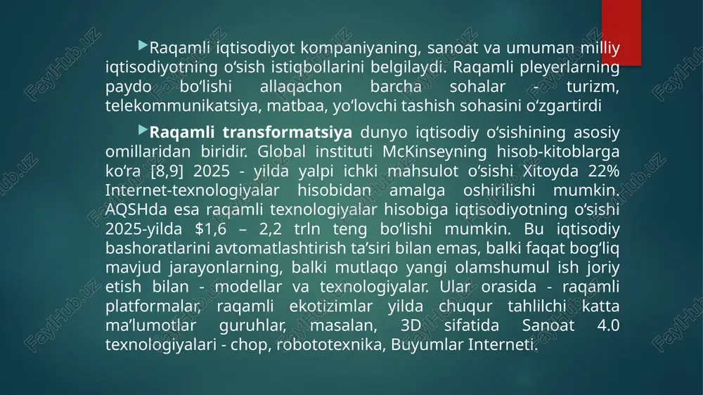 ushbu qo‘llab-quvvatlash, shuningdek, xavfli yoki muntazam operatsiyalar paytida odamlarni mashinalar bilan to‘liq almashtirishdan iborat bo‘lishi mumkin. to‘rtinchi tamoyil – boshqaruv qarorlarini markazlashtirmaslik, ularning ba’zilarini kiberfizik tizimlarga topshirish. g‘oya shundan iboratki, avtomatlashtirish imkon qadar to‘liq bo‘lishi kerak: qayerda mashina inson aralashuvisiz samarali ishlashi mumkin bo‘lsa, ertami-kechmi odam uni mashina bilan almashtirishi kerak. shu bilan birga, xodimlarga favqulodda va 49 nostandart vaziyatlarda ulanadigan nazorat qiluvchi vazifasi yuklatilgan. sanoat 4.0 komponentlari ko‘rib chiqaylik, asosiy texnologik konsepsiyasini to‘rtinchi sanoat inqilobi asosini shakllantirish va korxonalar uchun foydalari bor nima topish - yuqori texnologiyali mahsulot ishlab chiqaruvchi. asosiy jihatlari quyidagi zamonaviy marta to‘qqiz asosiy texnologik yutuqlaridan:  modellashtirish ;  big data ;  sun’iy intellekt, mashinasozlik va robototexnika ;  integratsiya tizimi ;  buyumlar interneti;  kiberxavfsizlik ;  bulutli hisoblash ;  3 d bosim ( qo‘shimcha texnologiyasi ); raqamli modellashtirish hozirgi vaqtda ob’ektlarni, materiallarni va ishlab chiqarish jarayonlarini 3d modellashtirish yangi mahsulotni …