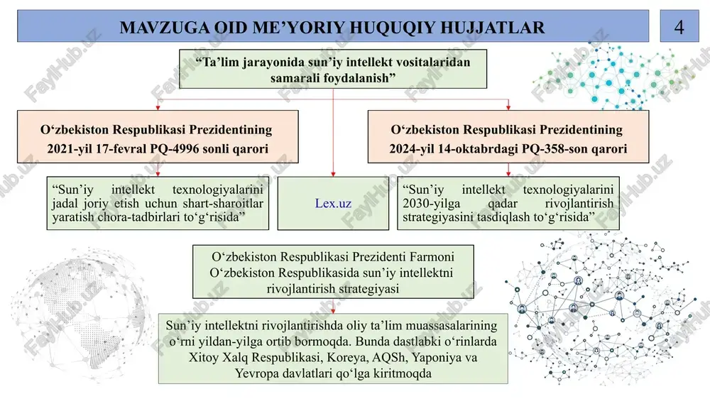 llarni taqdim etishga yordam beradi sun’iy intellekt asosidagi al tyutorlaridan foydalanish, o‘quvchilarga mustaqil ravishda o‘rganishda yordam beradi. ular savollarga tez va aniq javob berishi, muammolarni hal qilishda yo‘l yo‘riq ko‘rsatishi mumkin sun’iy intellekt etikasini shakllantirish o‘qituvchilar uchun si asosida darslarni rejalashtirish, baholash va o‘quvchilarning muvaffaqiyatini kuzatish uchun analitik vositalar ishlab chiqish 2025-yildan boshlab 5 million o‘quvchi uchun aqlli darsliklar joriy etilishi rejalashtirilgan. shu bilan birga, matematikadan tortib, biologiya va geografiyagacha bo‘lgan fanlarda sun’iy intellektga asoslangan materiallar qo‘llaniladi. 2029-yilgacha 496 milliard von (341,5 million dollar) ajratilib, 11 000 kishining ta’lim olishi, ulardan 6 000 nafari esa sun’iy intellekt va boshqa ilg‘or texnologiyalar bo‘yicha malaka oshirishi ko‘zda tutilgan. 9 xulosa va takliflar ta’lim jarayonida sun’iy intellekt (si) vositalaridan samarali foydalanish, o‘qitish va o‘rganish jarayonlarini sezilarli darajada yaxshilash imkonini beradi. si yordamida o‘quvchilarning individual ehtiyojlariga moslashuvchan ta’lim tizimlari yaratilishi, o‘qituvchilarni qo‘llab quvvatlaydigan analitik vositalar ishlab chiqilishi va interaktiv o‘qitish platformalari tashkil etilishi mumkin. …
