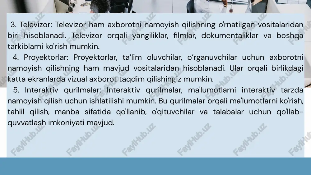 arning tipik misoli ham bo’la oladi. chunki mtizimga har bir murojat qilish axborot fondining joriy holati o’zgarishiga olib keladi. axborot- ma’lumot tizimi so’rovga muvofiq ravishda uning axborot fondida saqlanayotgan ma’lumotlar ichidan zarur axborotlarni qidirish ishlarini amalga oshiradi. qidirish bunday tizimlarda asosiy operatsiyalardan biri hisoblanadi, shuning uchun ular axborot qidiruv tizimlari hamdir. biznesda ishlatiladigan quydagi axborot tizimlari navjud: elektron tijorat tizimlari, tranziksiyalarni qayta ishlash (processing), boshqaruv axborot tizimlari, qarorlarni qabul qilishni qo’llab quvvatlash tizimlari. undan tashqari bazi tashkilotlar maxsus maqsadli tizimlarni ishlatadilar: suniy intellekt, ekspert tizimlari, virtual voqealik va boshqalar. elektron-tijorat – axoborot texnologiyalari yordamida amalga oshiriladigan tovarlarni sotish, ishlarni bajarish va xizmat kor’satish bo’yicha tadbirkorlik faoliyati. tranzaksiya biznesga bog’liq o’zaro almashish. masalan: masalan mijoz amalga oshirgan to’lov ,ishchiga to’langan ish haqi. tranzaksiyalarni qayta ishlash tizimi - bu biznes tranzaksiyalarini saqlab qolish va qayta ishlash uchun foydalaniladigan odamlar, jarayonlar, dasturlar, ma'lumot bazalari va uskunalar bilan tashkil etilgan to'plamdir. boshqaruv tizimlari turli-tuman …