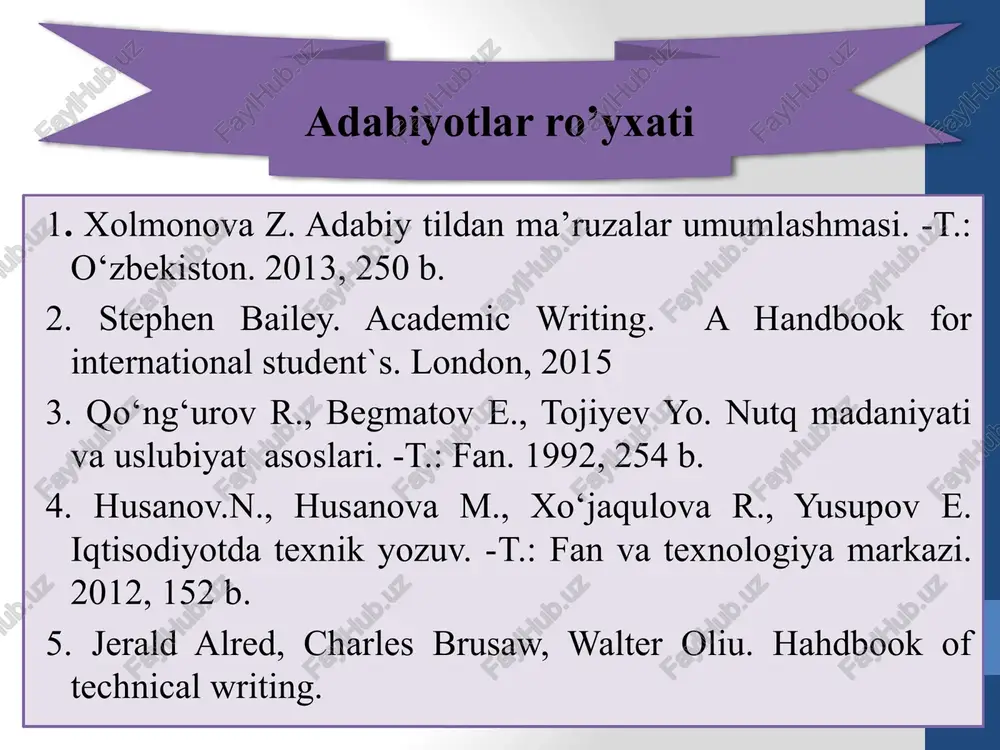 rlang. 2-topshiriq. esse yozishda qanday talablar qo`yiladi? nima uchun? fikringizni quyidagi namunaga muvofiq yozing. talab: ijodiylik sabab: chunki erkin fikrlash zarur 3-topshiriq. esse, taqriz, maqola, press-reliz janrlarini venn diagrammasi asosida taqqoslang va farqlarini bilib oling. davomi: 4-topshiriq. matnni o`qing. uslubini va janrini aniqlang. matnga sarlavha qo`ying va ko`chiring. bizning hayot haqida tasavvurimiz bizning ichki dunyomizning aksidir. hayot salbiy emas. ijobiy ham emas. hayot – bu hayot. ijobiy, yoki salbiy belgilarni esa unga biz, o‘z tasavvurimizga tayangan holda beramiz. shu sababdan bizning fikrlarimiz, orzularimiz, dunyoqarashimiz, niyatlarimiz qancha sof, rostgo‘y, insonparvar bo‘lsa, hayot ham bizga shunchalik sof, rostgo‘y, insonparvar tuyuladi. garchi dunyoni o‘zgartirmoqchi bo‘lsang – o‘zingdan boshla. 5-topshiriq. esse, taqriz, maqola, press-reliz janrlarini ”tushunchalar tahlili” metodi asosida tariflang va yozing. tushuncha tahlili esse taqriz maqola press-reliz adabiyotlar ro`yxati: 1. vikram bisen priya.business communication.new delhi.2009. 2. qo‘ng‘urov r., begmatov e., tojiyev yo. nutq madaniyati va uslubiyat asoslari, -t.: «fan», 1992, 254 b. 3. …