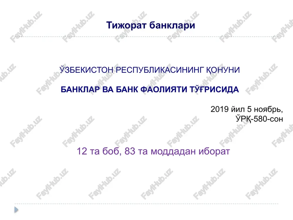ktoring 2 156 banklararo kreditlar 1 452 mikrokredit 10 124 sinditsiyalashtirilgan kreditlar 4 394 iqtisodiyotda faoliyat yuritayotgan xo'jalik sub'ektlari kun davomida bir necha yuz minglab turli darajadagi pul aylanmalarini (asosan naqdsiz pul ko'rinishida) amalga oshiradi. banklarning bevosita ishtiroki natijasida ushbu o'tkazmalar jo'natuvchidan oluvchiga etib boradi. 3. xalq xo'jaligida hisob-kitoblar va to'lovlarni amalga oshirish shuningdek, banklar pul o'tkazmalari orqali iqtisodiyotning turli tarmoqlariga kapitalni joylashtiradi va kredit liniyalari ochadi. bularning barchasi banklarning pul hisob – kitoblarni amalga oshirish funktsiyasi orqali bajariladi va tartibga solinadi 3. xalq xo'jaligida hisob-kitoblar va to'lovlarni amalga oshirish № bank nomi memorial order to'lov topshiriqnomasi to'lov talabnomasi akkreditivga ariza inkasso topshiriqnomasi bank bo'yicha jami soni summasi soni summasi soni summasi soni summasi soni summasi soni summasi 1 markaziy bank 21 240 139 920 016 089 874 413 30 225 658 979 7 91 756 0 0 0 0 895 660 170 145 766 824 2 milliy bank 107 …