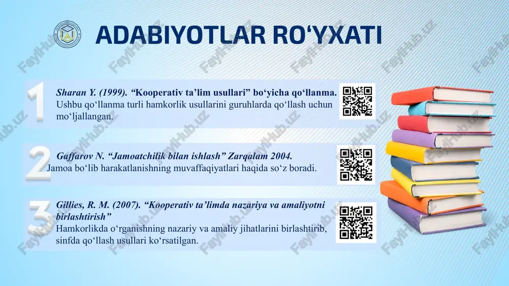 r orasida milliy qadriyatlarni to‘g‘ri shakllantirish 1.tarixiy muzey va teatrlarga sayohatlar uyushtirish. 2.san’at va madaniyat xodimlari bilan suhbatlar tashkil qilish mmibdo‘, sinf rahbarlari, psixolog har chorakda o‘quvchilarda milliy o‘zlikni anglash, vatanni sevish tuyg‘ulari kamol topadi. texnologiyalar yordamida hamkorlik “google classroom”, ”telegram”, ”zoom” bilan onlayn forumlar va loyihalar orqali bilim almashish, video darslar tayyorlash hamda tarqatish o‘ibdo‘, fan o‘qituvchilar o‘quv yili davomida o‘quvchilarda zamonaviy axborot texnologiyalari asosida mustaqil ta’lim olish rivojlanadi. chora-tadbirlar rejasi i.muammo ii.amalga oshirish mexanizmi iii.mas'ullar iv.muddat v. natija e’tiboringiz uchun rahmat!:) image1.png image2.png image3.svg audio1.wav image4.png image5.svg image6.png image7.png image8.png image9.svg image10.png image11.png image12.png image13.png image14.png image15.png image16.png image17.png image18.svg image19.png image20.png image21.png image22.png image23.png image24.png image25.svg image26.png image27.svg image28.png image29.png image30.png image31.png image32.png /docprops/thumbnail.jpeg