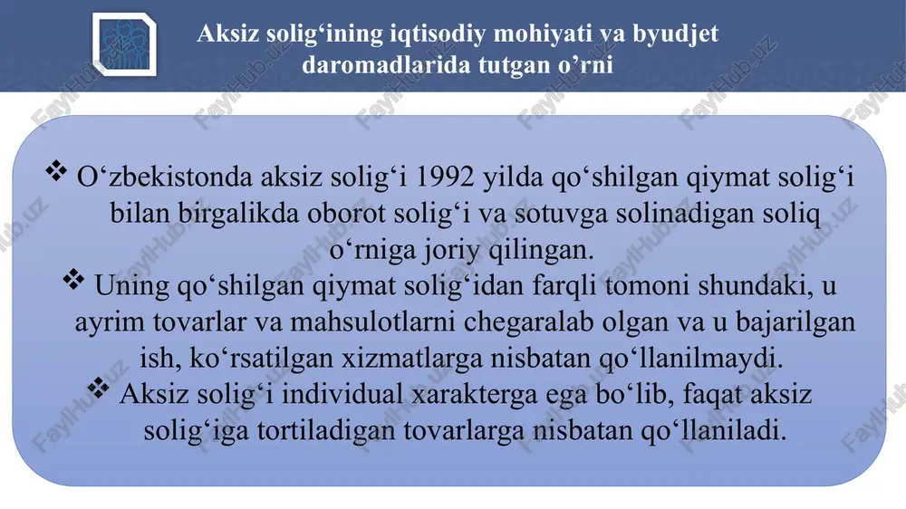 sur'ati budjetga tushumlar, jami 103 566 127 867 100 123.5 shu jumladan: 1 bevosita soliqlar 43 811 58 534 45.8 133.6 2 bilvosita soliqlar 31 324 38 351 30.0 122.4 3 resurs to‘lovlari va mol-mulk solig‘i 21 257 22 168 17.3 104.3 4 davlat boji va jarimalar 2 033 3 333 2.6 163.9 5 boshqa soliqlar va yig‘imlar 5 141 5 481 4.3 106.6 soliq turlari bo’yicha 2020-2021 yillarda byudjet tushumlari soliq turlari bo’yicha 2020-2021 yillarda byudjet tushumlari soliq turlari bo’yicha 2020-2021 yillarda byudjet tushumlari № soliq turlari 2020-yil 31-dekabr holatiga tushumi 2021-yil 31-dekabr holatiga tushumi ulushi (foizda) o'sish sur'ati budjet tushumlai, jami 103 566 127 867 100 123 shu jumladan: 1 qo‘shilgan qiymat solig‘i 20 485 25 572 20.0 125 2 aksiz solig‘i 10 839 12 779 10.0 118 3 yuridik shaxslardan olinadigan foyda solig‘i 28 670 38 363 30.0 134 4 jismoniy shaxslardan olinadigan daromad solig‘i 15 141 …