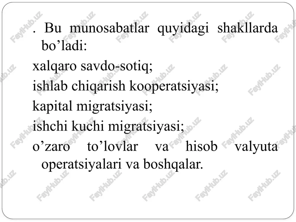 import elastikligi(ei) i - import o’simi i - import hajmi 4. importning ilgarilash koeffitsienti (ki) ji - import indeksi ee>1 va je >jyaim bo’lishi mazkur mamlakatda tovarlar eksportining ularni ishlab chiqarishga nisbatan tezroq o’sganligidan dalolat beradi. bu albatta ijobiy hol. ei>1 va ji>jyaim bo’lishini esa har doim ham ma’qul deb bo’lmaydi. chunki mamlakat o’z ehtiyojini qondirish uchun o’zida ishlab chiqarishdan ko’ra tovarlarni chetdan olib kelishiga harakat qilgan bo’ladi. tovarlar eksporti “fob” bahoda hisobga olinadi, ya’ni tovarlar qiymatiga eksport qilinuvchi mamlakat chegarasigacha olib borish xarajati ham qo’shiladi. bunda sotuvchi o’z hisobidan xaridor ijaraga olgan kema bortiga mahsulotni etkazib berishi lozim.kemani xaridor yollaydi, sotuvchi tovar uchun kemaga yuklash davrigacha javobgar bo’lib, sotish narxiga (fob) tovar narxi (tn), tashib keltirish xarajatlari (tkx) ishlab chiqarish unsurlari sifatida qo’shiladi: fob=tn+tkx yukni kemaga joylashtirish sotuvchi majburiyatiga kirmaydi va qabul qilingan me’yorlarga ko’ra kema egasi hisobiga bajariladi hamda xaridor tomonidan ijara xaqiga kiritiladi ayrim hollarda bojxona hujjatlarida …