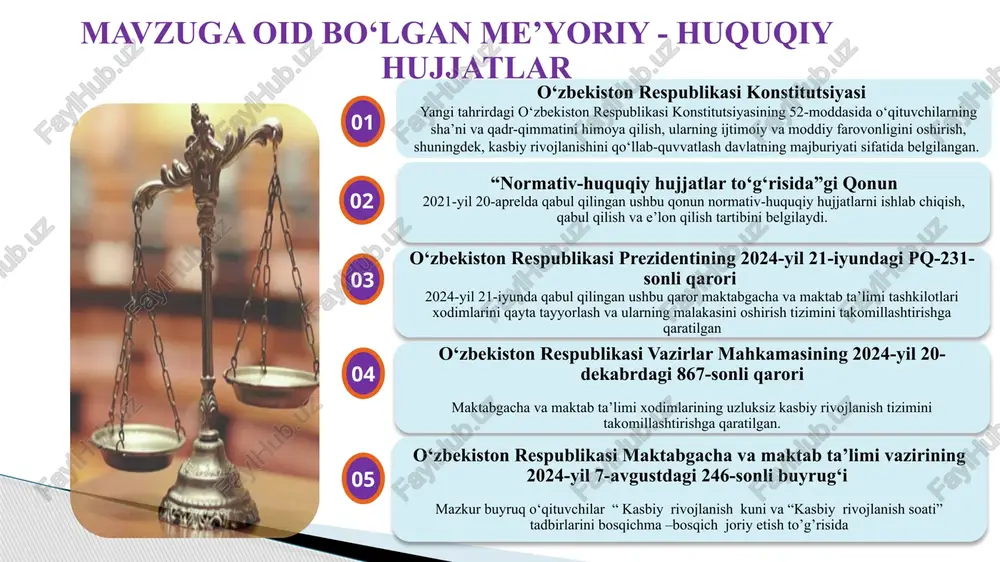 har yili oʻqituvchilar yangi pedagogik yondashuvlar boʻyicha maxsus kurslardan oʻtadi. oʻqituvchilar oʻquv dasturlarini mustaqil ishlab chiqadi, ijodiy yondashuv ragʻbatlantiriladi. oʻqituvchilar jamiyatda eng hurmatli kasblardan biri hisoblanadi, yuqori maosh va imtiyozlar mavjud. oʻqituvchilarning shaxsiy rivojlanishi taʼlim sifati va jamiyat taraqqiyoti uchun muhim omildir. xalqaro tajriba shuni koʻrsatadiki, oʻqituvchilarning doimiy kasbiy rivojlanishini taʼminlash uchun malaka oshirishning uzluksiz tizimi, mentorlik va tajriba almashish dasturlari, innovatsion yondashuvlarga erkinlik berish, hamda ragʻbatlantirish tizimi muhim ahamiyatga ega. oʻzbekistonda ushbu tajribalarni joriy qilish orqali oʻqituvchilarning motivatsiyasi oshirilib, taʼlim sifatini yanada yuksaltirish mumkin. xulosa 10 1 1. tizimli kasbiy rivojlanish: ✅ shaxsiy rivojlanish rejalari – har bir oʻqituvchi uchun individual kasbiy rivojlanish yoʻnalishlarini belgilash va monitoring qilish; ✅ malaka oshirish kurslarini takomillashtirish – oʻqituvchilar uchun ixtisoslashtirilgan, innovatsion va amaliy malaka oshirish dasturlarini yaratish. 2 2. mentorlik va ilmiy-tadqiqot faoliyatini rivojlantirish: ✅ mentorlik tizimini kuchaytirish – tajribali pedagoglarning yosh oʻqituvchilar bilan ishlash tizimini yanada samarali qilish; ✅ ilmiy-tadqiqot faoliyatini …