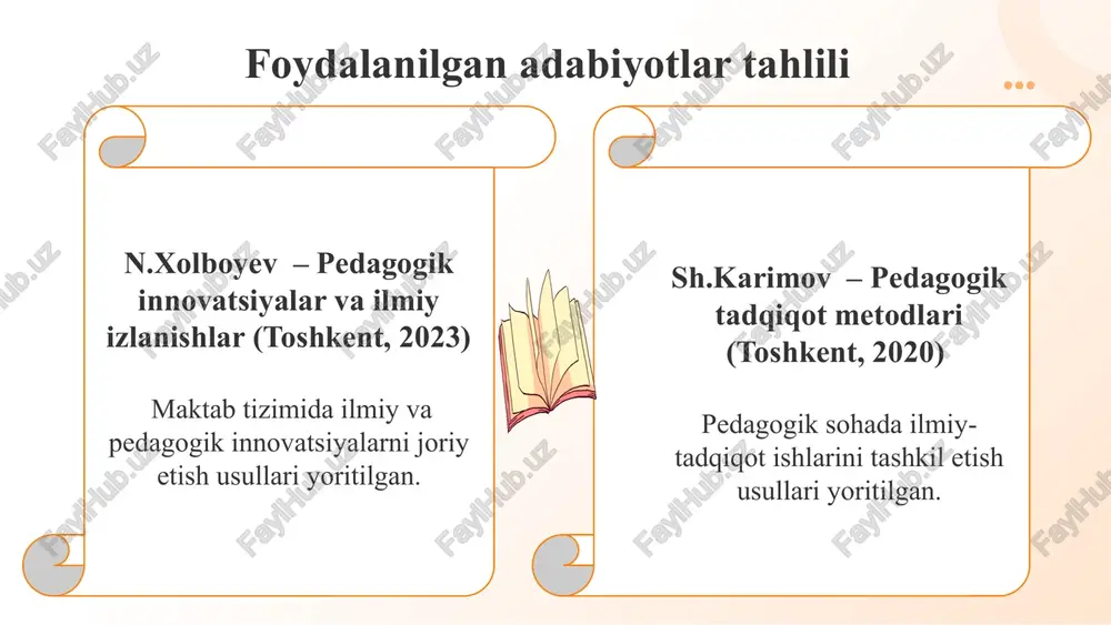 maktabda amaliy tadqiqotlar keng qo‘llanadi. singapurda ilmiy loyihalar maktab darajasidan milliy va xalqaro tanlovlarga yo‘naltiriladi, o‘quvchilar innovatsion loyihalar ishlab chiqadi. shvetsiyada eksperimental yondashuv asosida ilmiy tadqiqot natijalari dars jarayoniga kiritiladi. finlandiya tajribasi asosida o‘zbekistonda o‘qituvchilarning ilmiy izlanishlarini rag‘batlantirish va har bir maktabda ilmiy laboratoriyalar tashkil etish lozim. singapur modelidan foydalanib, o‘zbekiston maktablarida o‘quvchilarning ilmiy izlanishlarini tizimli tashkil qilish va xalqaro tajribaga asoslangan loyihalar yaratish lozim. shvetsiya tizimidan o‘rganib, o‘zbekiston ta’lim tizimida ilmiy tadqiqot natijalarini amaliyotga tatbiq etish uchun maxsus dasturlar ishlab chiqish kerak. amaldagi holat (o‘zbekistonda) amaldagi holat (xorijda) taklif ilmiy-tadqiqotlar asosan oliy ta’lim muassasalarida olib boriladi. maktablarda ilmiy izlanishlar tizimli yo‘lga qo‘yilmagan. tajriba-sinov maktablari mavjud, ammo ularning soni cheklangan. o‘quvchilarning ilmiy-tadqiqot bilan shug‘ullanishi ko‘proq fan olimpiadalari va tanlovlar doirasida amalga oshiriladi, lekin maktab ichida doimiy ilmiy izlanish tizimi mavjud emas. ilmiy tadqiqot natijalari amaliy dars jarayoniga yetarlicha kiritilmagan, bu borada metodik ishlanmalar kam. qiyosiy tahlil etilganligi maktabda pedagogik va …